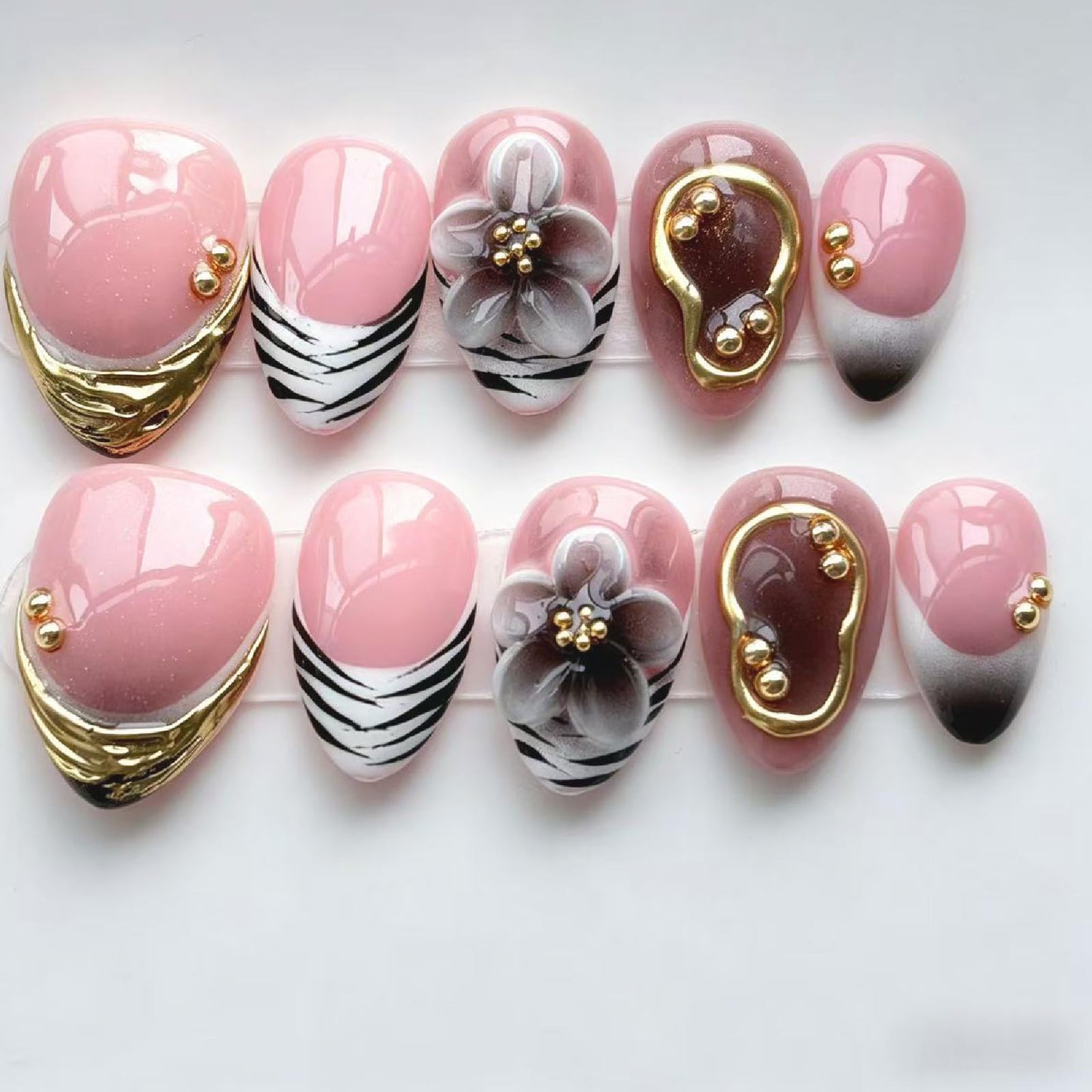 Threelegscat Handmade Short Almond Press on Nails, 10 PCS Fake Nails with 3D Flower & Gold Bead, Nude Pink French False Nails, Reusable Size M for Woman Daily& Gift