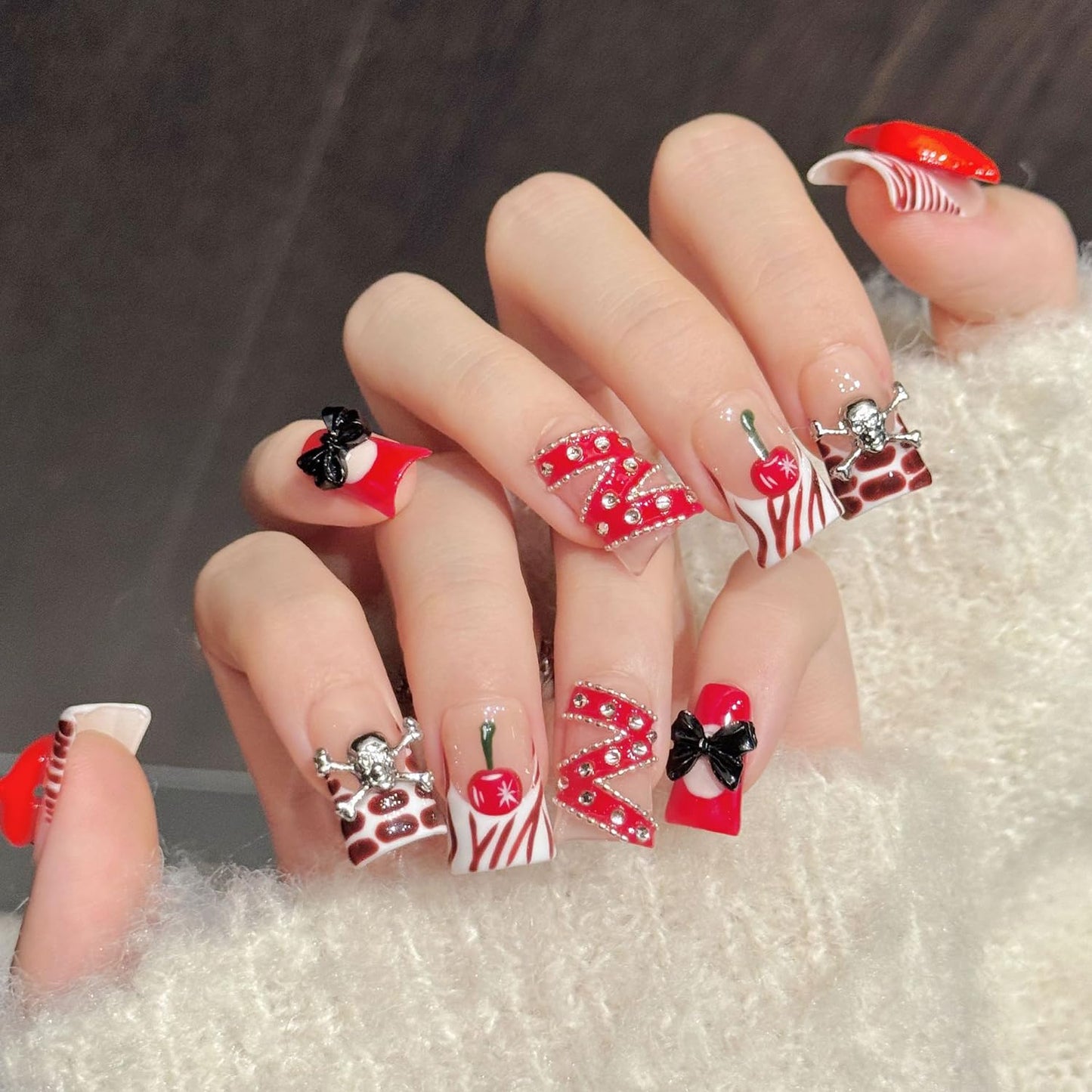 10Pcs Valentines Short Square Press on Nails Handmade Fake Nails French Red Lips Silver Skull Black Bow Design Valentine Full Cover Glue on Nails for Women（Size S）