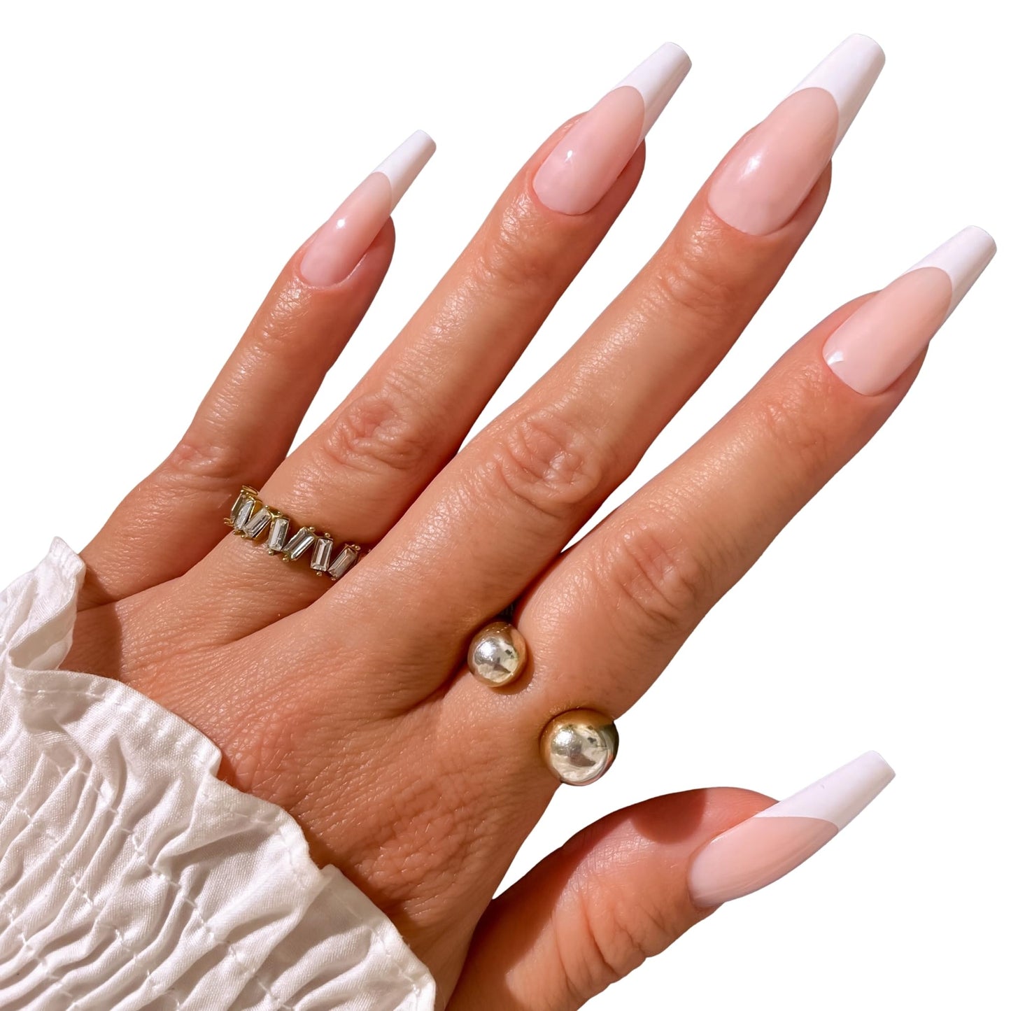 PaintLab Press On Nails - French Tip Classic Coffin Fake Nails, 30 Nails in 15 Sizes with Glue, Reusable Salon Quality Press On Nails