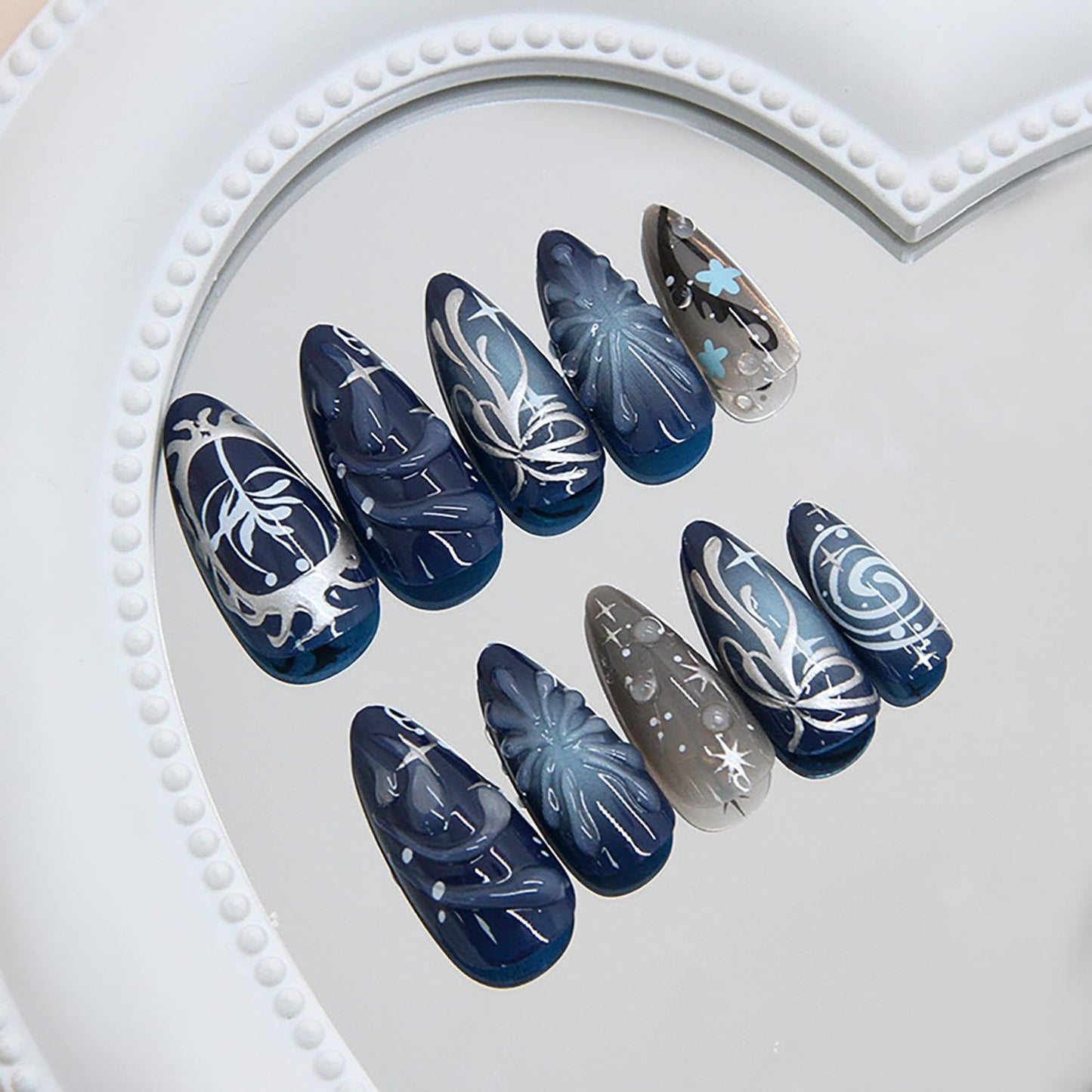 EYZOTSF Press on Almond Nails Medium Length Glossy Full Cover Acrylic Almond Shaped False Nails with Designs Artificial Fake Nail with Charms Glue Stick ons Fingernails for Women Girls(Z1110)