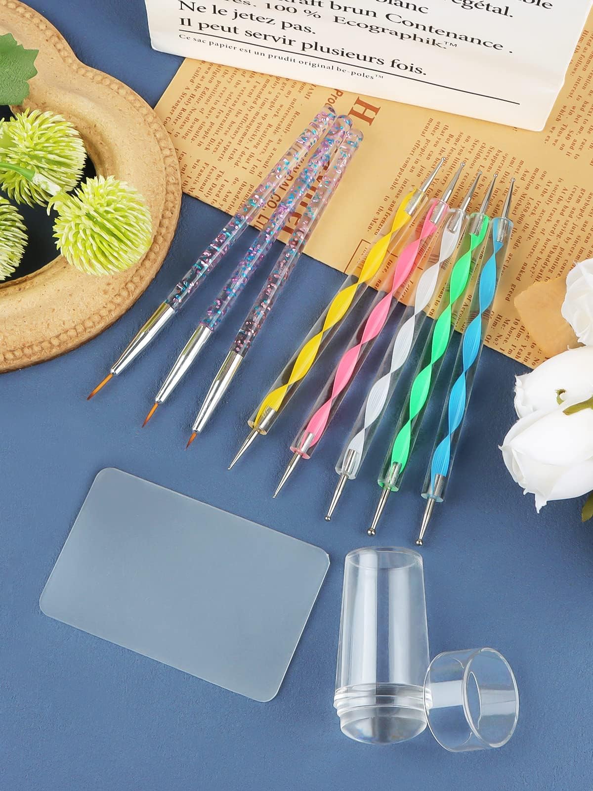 Kalolary Silicone Nail Stamper Set, French Tip Nail Stamp Jelly with Scraper, 3PCS Nail Detail Brush Set Nail Art Brush Pen, 5PCS Nail Dotting Pen, French Tip Nails Art Design Manicure Tools
