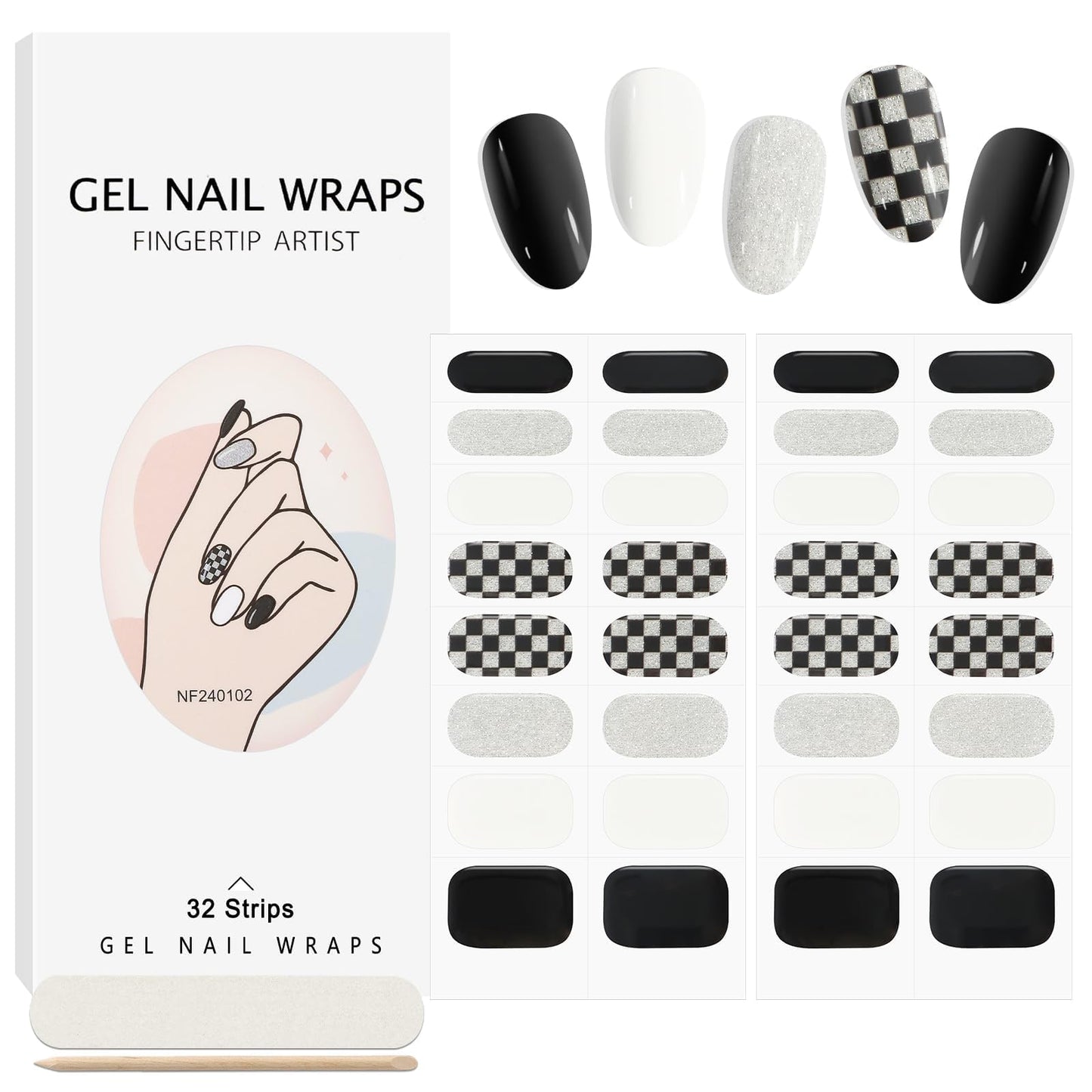 32PCS Semi-Cured Gel Nail Strips EBANKU Nail Polish Stickers Long-Lasting Semi-Cured Gel Nail Wraps Full Nail Polish Wraps Shiny Nail Decors Gel Nail Art Stickers UV/LED Lamp Required (Black Plaid)