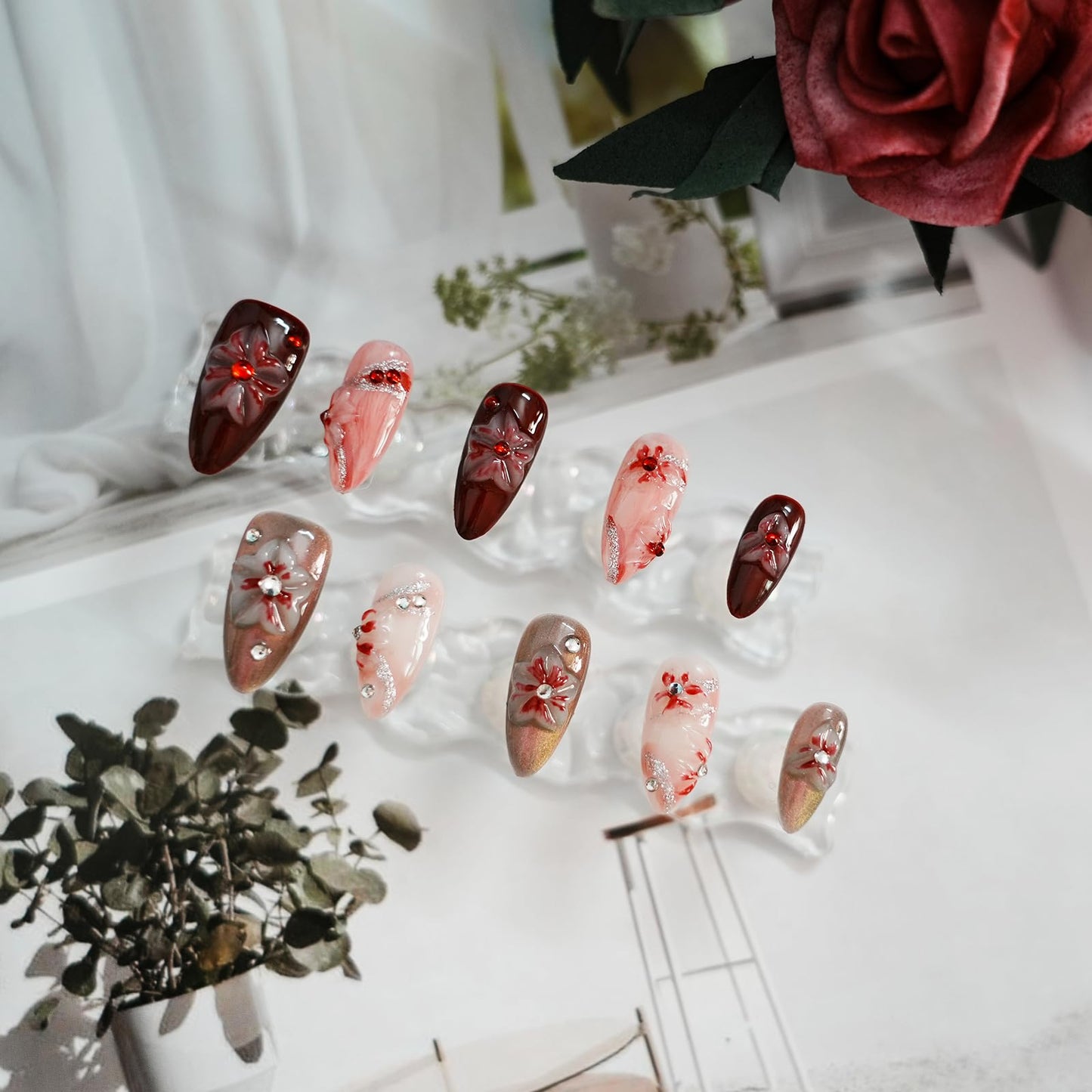 Tesytto Handmade Floral Press on Nails - Medium Almond 3D Embossed Rhinestones & Red Ombre, Thick Acrylic Gel Nails for Parties, Valentine's Day (Evil Flower,M)