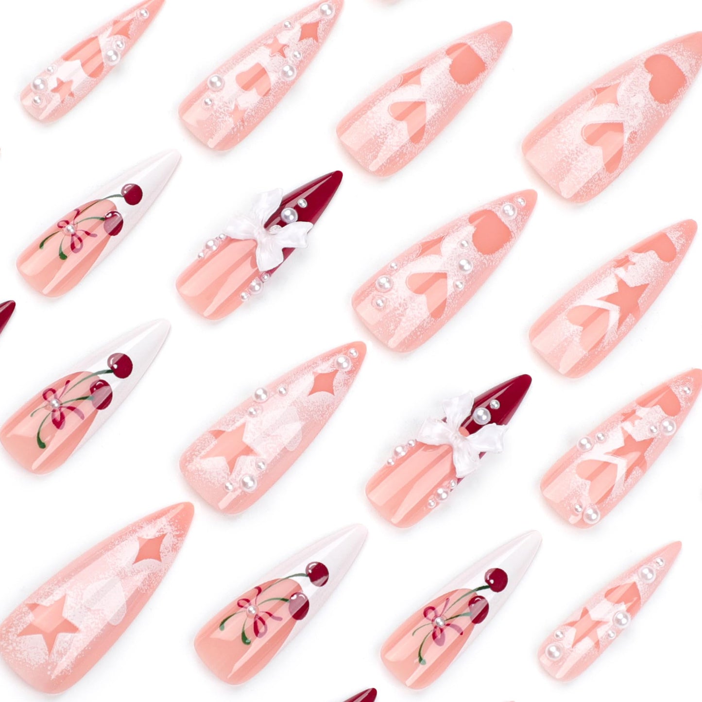 Long Press Stiletto Pink False French Tip Acrylic Nails with 3D Bow Cherry Design Glue on Heart Star Full Cover Stick on Nails for Women Manicure 24Pcs
