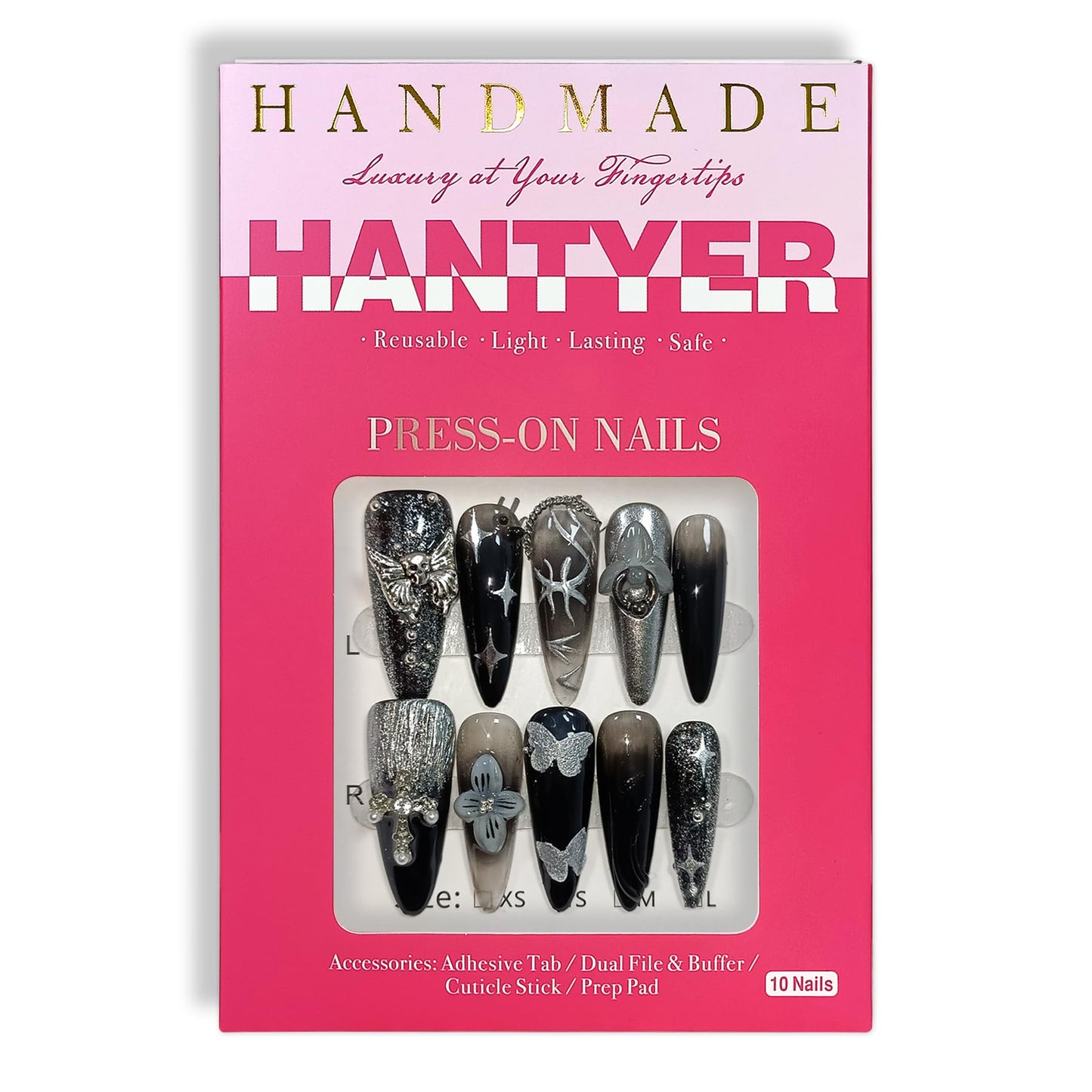 Hantyer Black Press on Nails with 3D Floral Carving, Skull & Cross Charms, Long Stiletto Glossy Punk Fake Nails, Reusable Edgy Gothic False Nails for Women Concert Night Party (Size M)