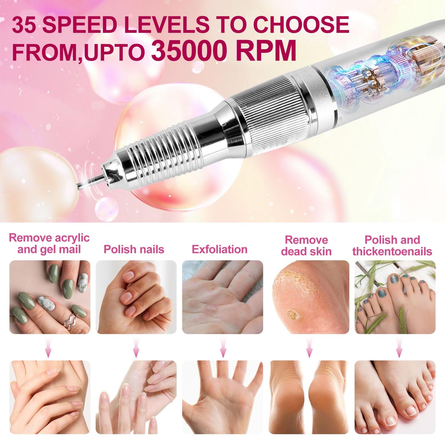 LIMEGIRL Electric File Nail Drill Professional 35000RPM Pink Nail File with Rechargeable Base & Bits Nail Drill Bit Nail Files and Buffers for Acrylic Nail Remove Nail Tech Must Haves for Salon Home