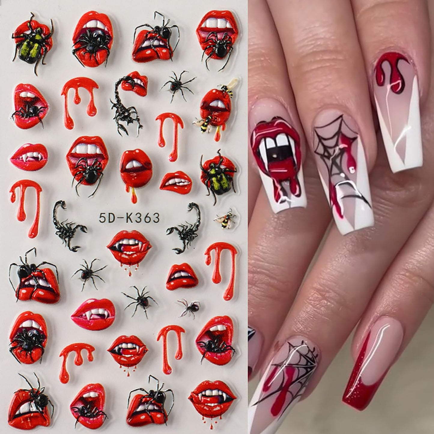 2 Sheets Halloween Nail Art Stickers 5D Relief Self -Adhesive Blood Drops Lips Spider Nail Decals Holographic Horror Heart Internal Organs Design Nail Stickers Halloween Nail Decoration for Women