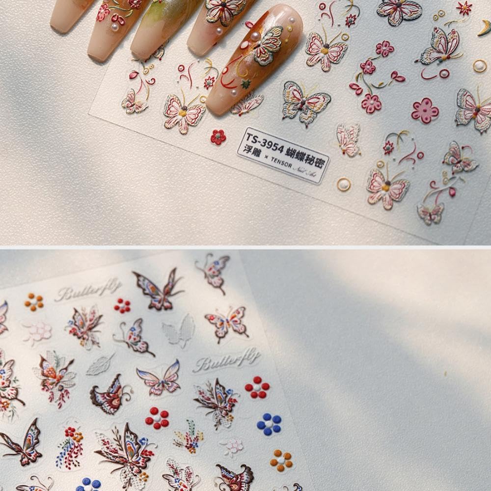 Red Butterfly Nail Stickers 5D Embossed Flower Nail Decals with Pearl Designs 3D Self-Adhesive Spring Nail Art Supplies Summer Nails Decoration Accessories for Women Girls Manicure 1 Sheet