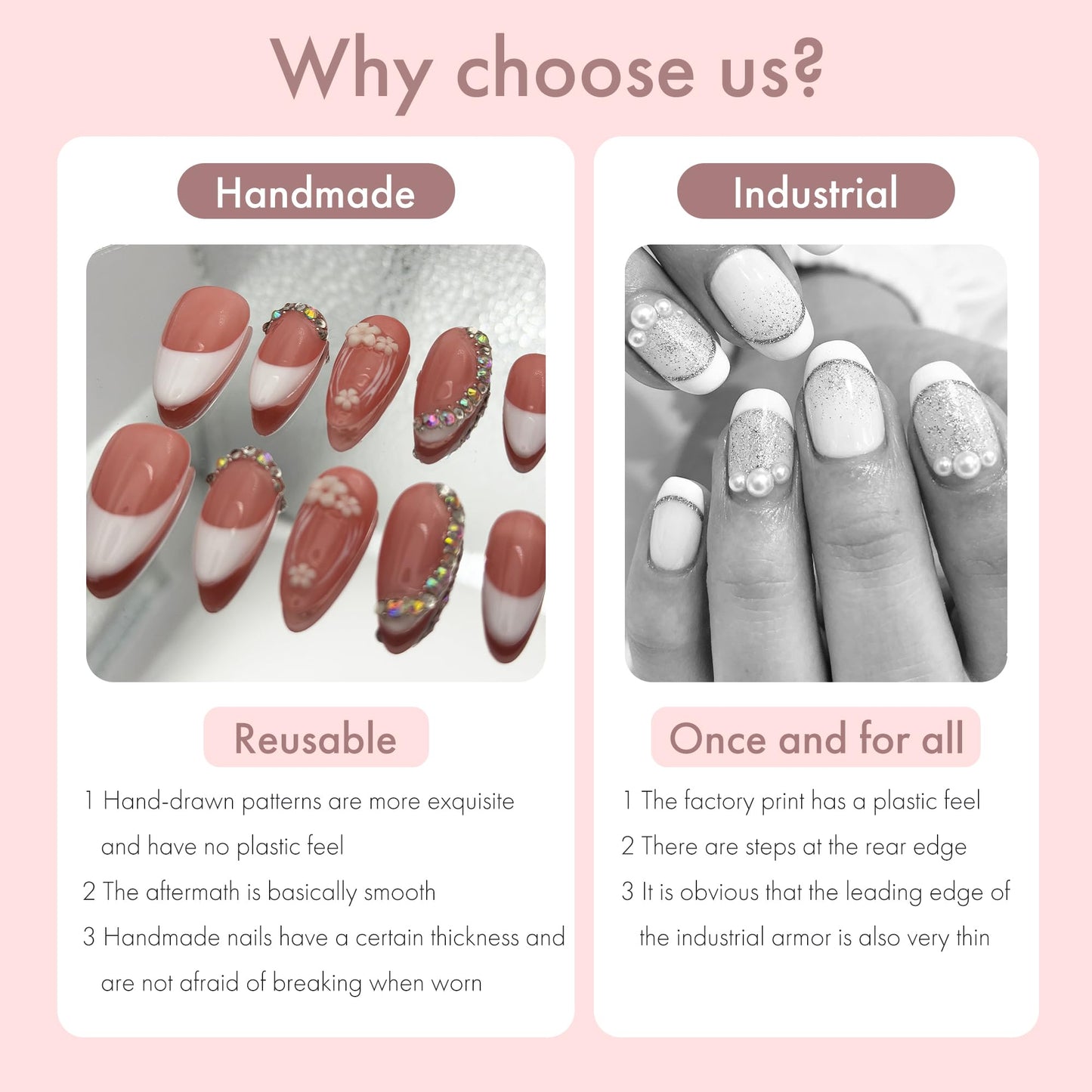 Press on Nails 10-Pack, 25mm Almond Shape Acrylic/UV Gel Fake Nails - Pink & White French Tip with Floral Rhinestone Design, Reusable Glossy Stick-on Nails for Women (Pink, S)