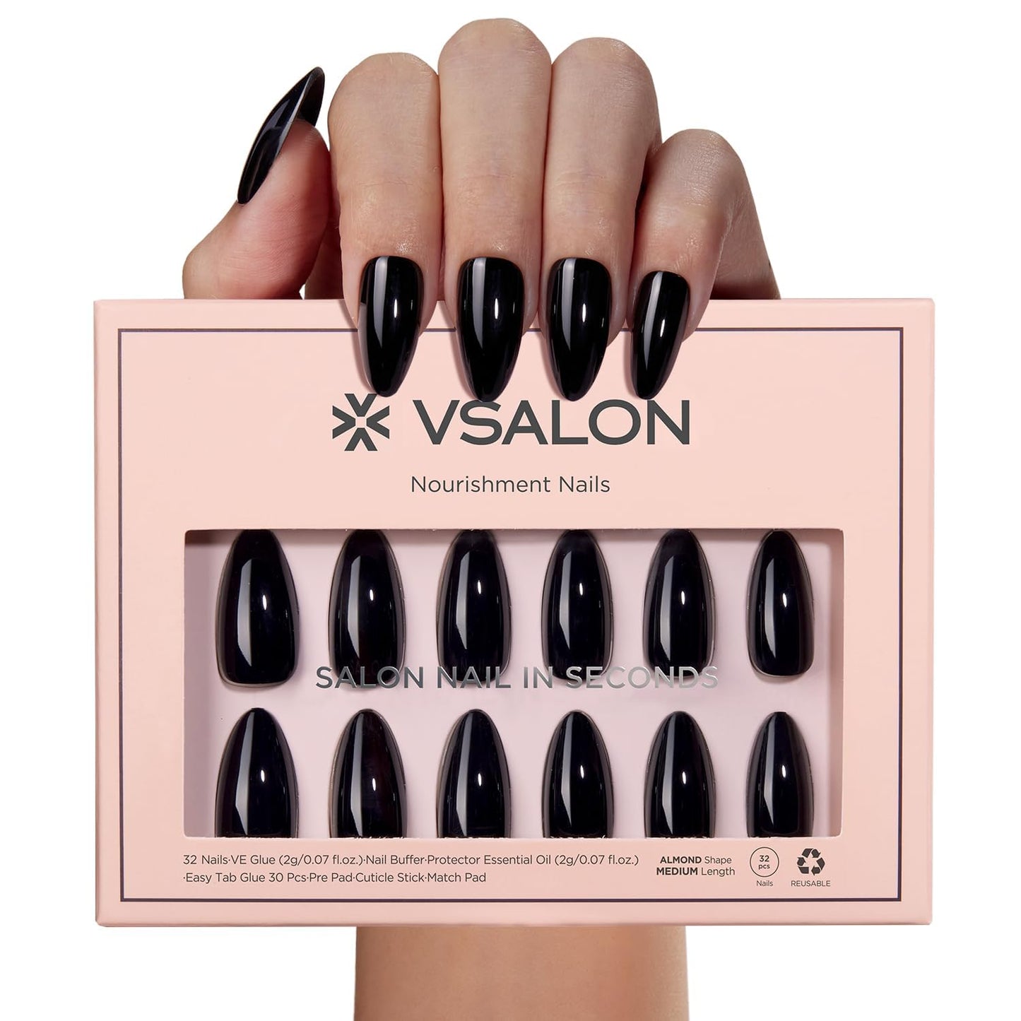 VSALON Almond Medium Press on Nails, Glossy Black Finish Clean Look Reusable False Nails, Salon Quality Gel Fake Nails Kit with Glue & Cuticle Oil - 32 pcs Nails in 16 Sizes