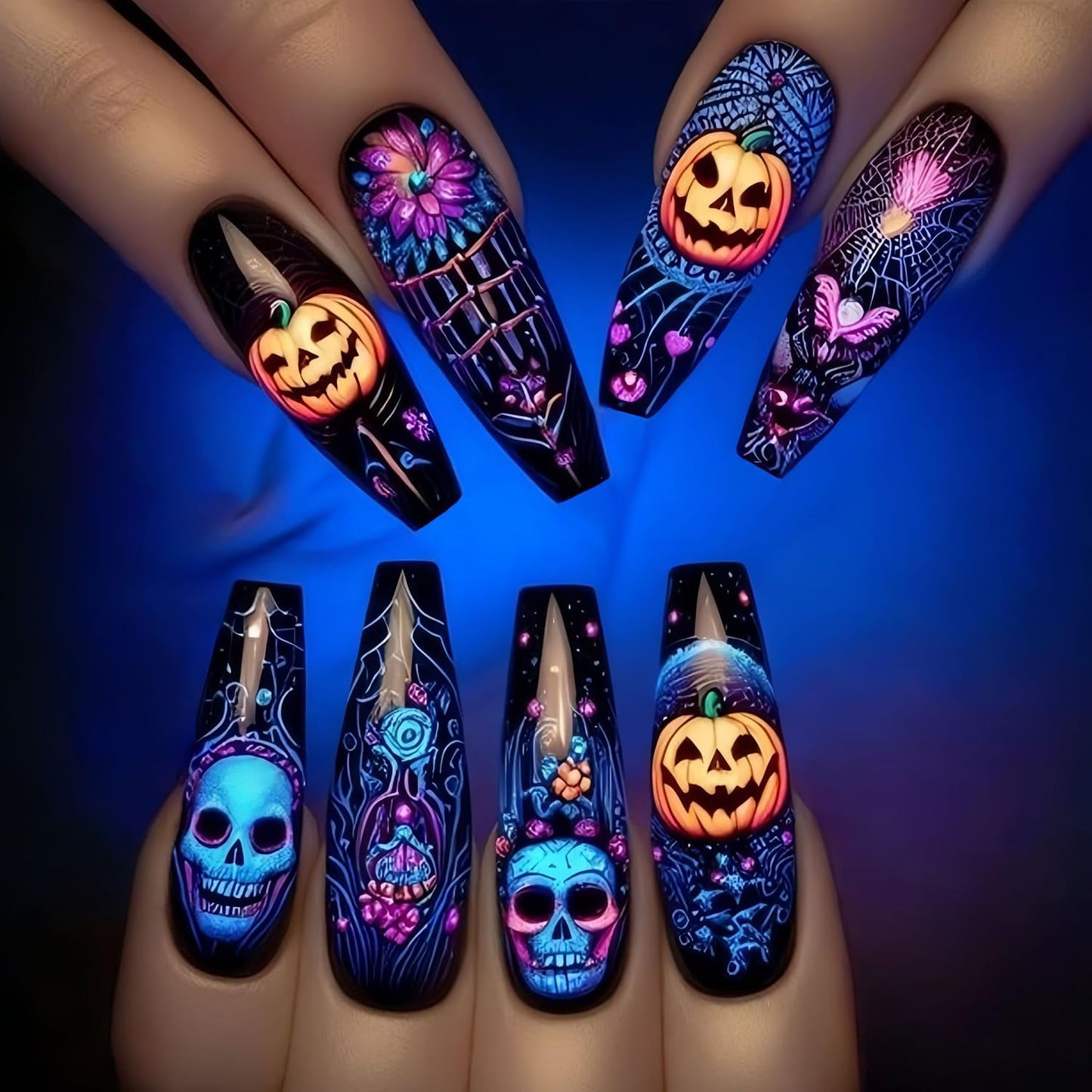 24Pcs Halloween Press on Nails Long Ballet Shaped Horror Skull False Nail Full Cover Artificial Acrylic Fingernails Pumpkin Flower Design Halloween Nail Festival Glue on Nails for Women Supplies