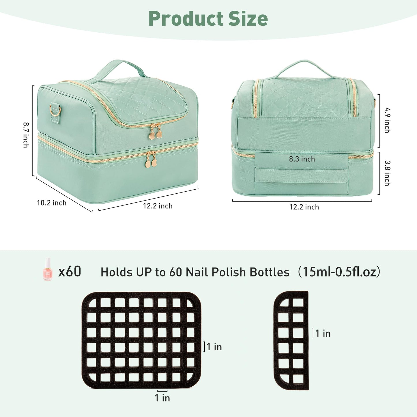 KGMCARE Nail Polish Organizer Case, Nail Supplies Storage Holds 60 Bottles Nail Polish & Nail Lamp Gel Nail Travel Carrying Bag for Nail Kit (Green)