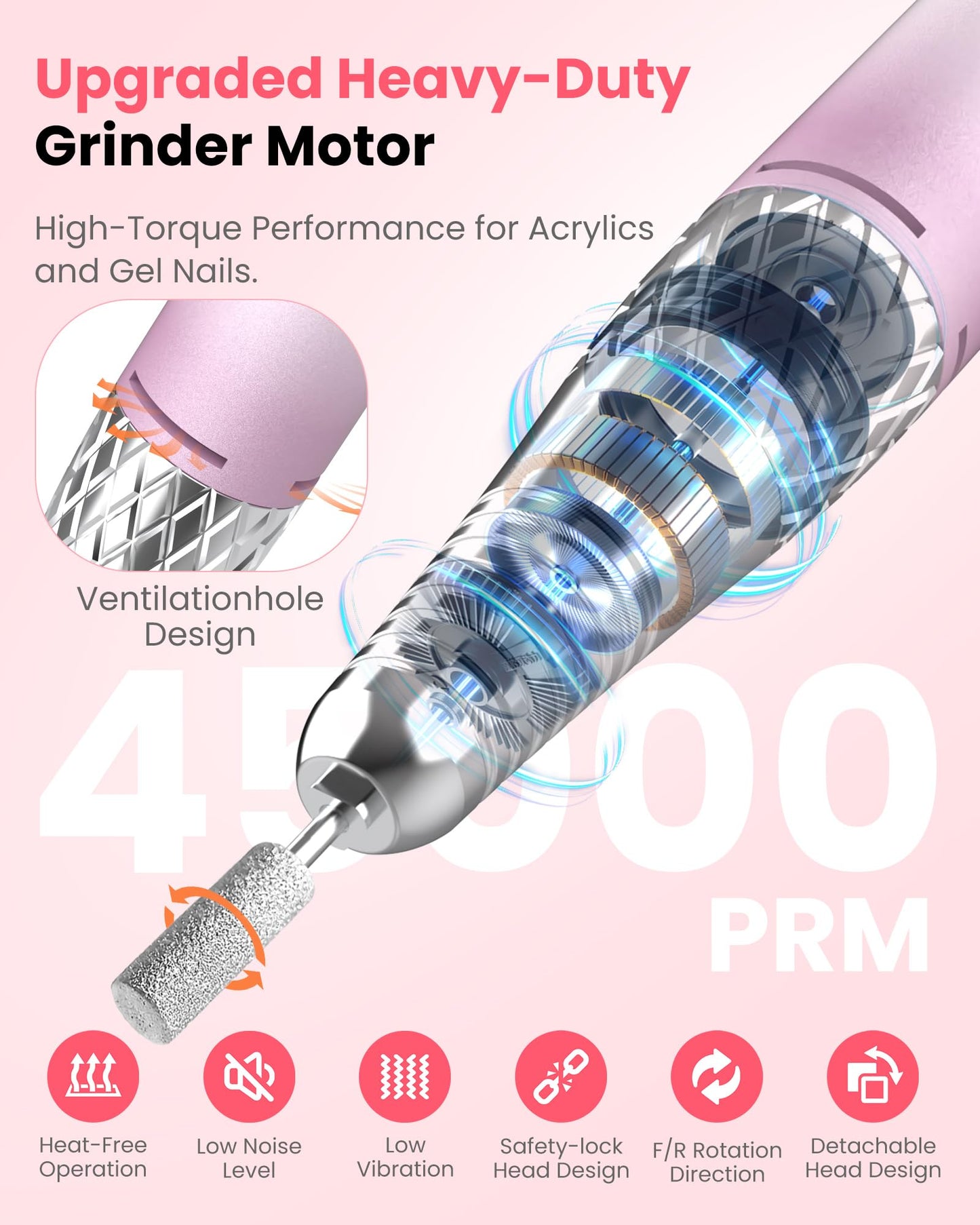Nail Drill Professional 45000 RPM, Electric Nail File with LED Display & 45 Speeds, Rechargeable Nail Drill Kit for Acrylic Gel Nails, Manicure Pedicure at Home Salon (1800mAh-Pink)