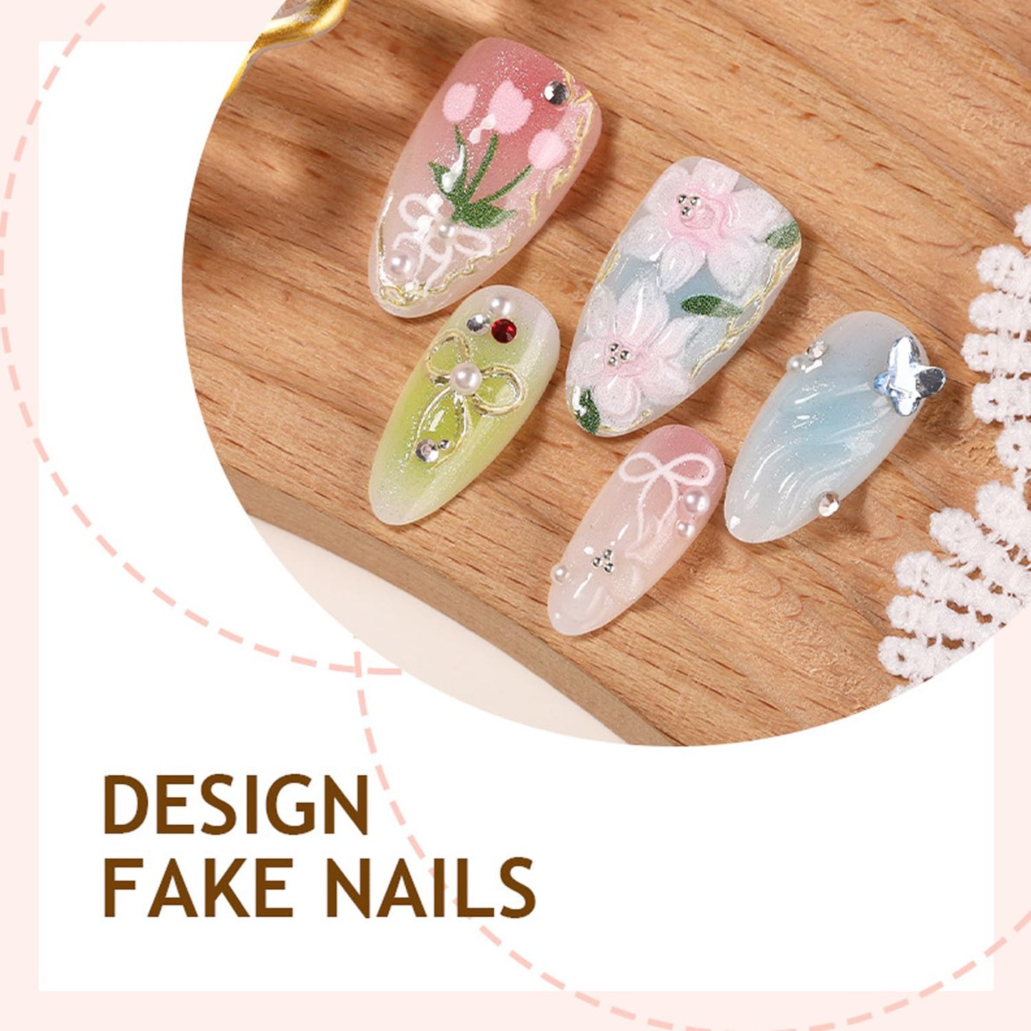 30Pcs Medium Almond Press on Nails Flower Fake Nails with 3D Butterfly Rhinestone Design Bow Floral False Nails Chrome Silver French Glue on Nail Glossy Full Cover Spring Summer Acrylic Nail for Women