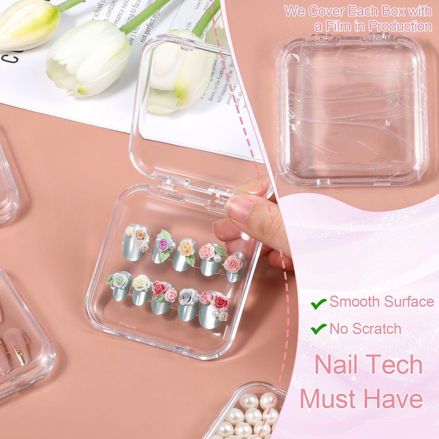 SHENLIU 50 Sets Press On Nail Storage Box, Clear Artificial Nail Display Case Acrylic Nail Boxes Press On Nail Packaging Box with Adhesive Double Sided Tape Nail Boxes for Nail Salon