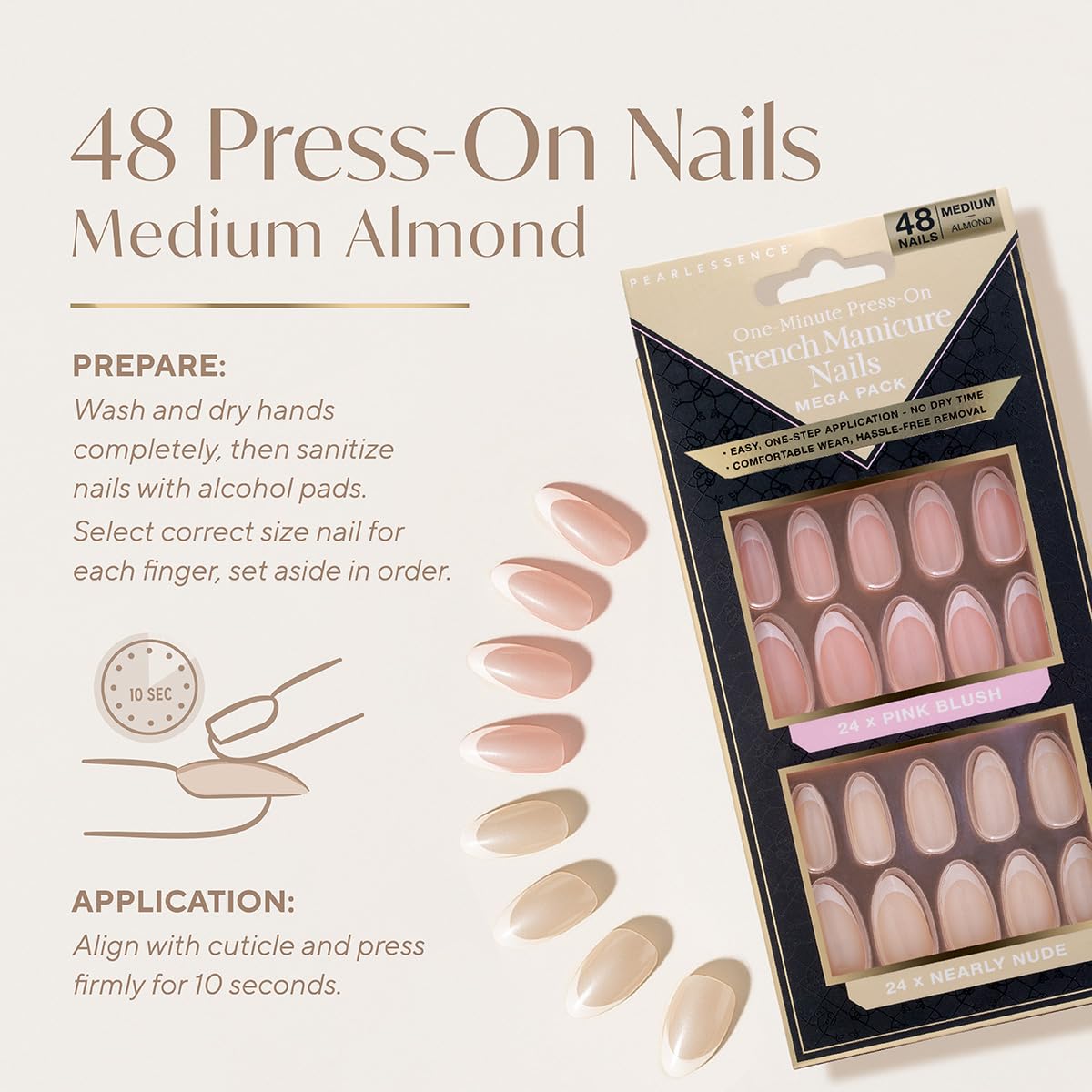 Pearlessence 48pc Almond French Press On Nails One Minute Press-On French Manicure Nails | 48-Count Mega Pack | Pink Blush & Nearly Nude | Medium Almond Shape | Easy Application, No Dry Time