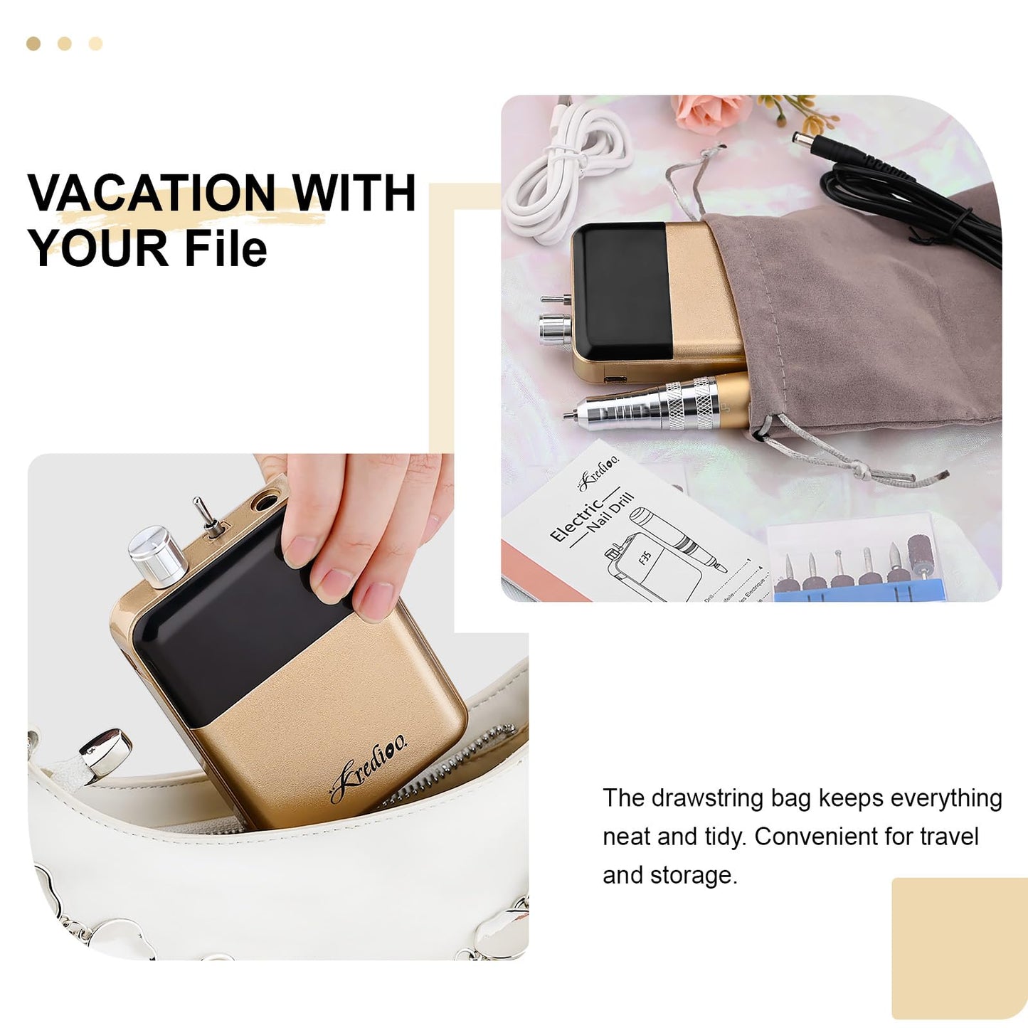 Kredioo Portable Nail Drill 35000 RPM, Rechargeable Electric Nail File E File Kit with Storage Bag Professional Manicure Kit for Nail Lovers Salon Home DIY -Gold