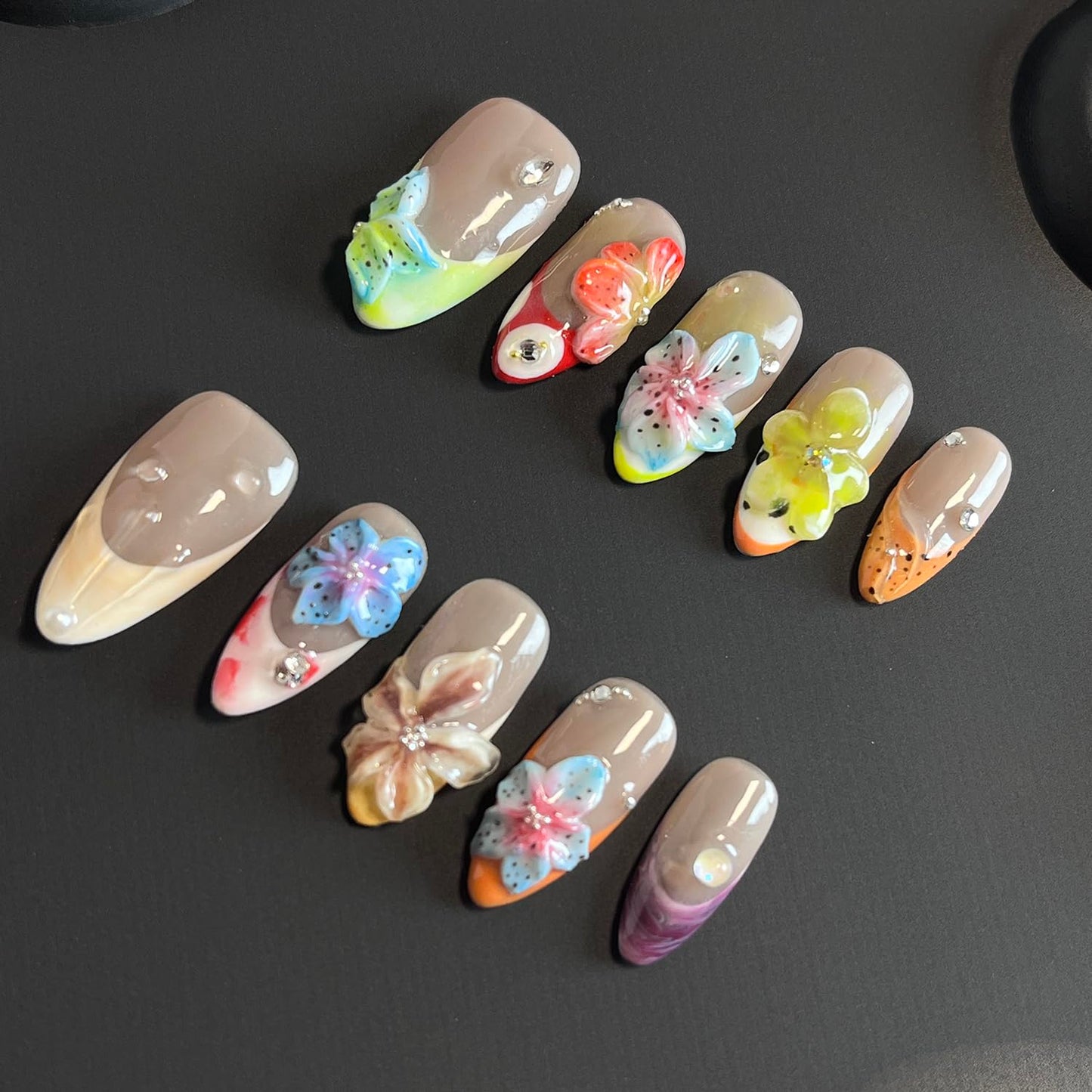 Luxury Press on Nails Medium Almond Handmade 3D Unique Reusable ABS Material Fake Nails French Tip False Nails with Designs Rhinestones Flower Art Petal Glossy Glue on Nails Thick Acrylic Nails(M)