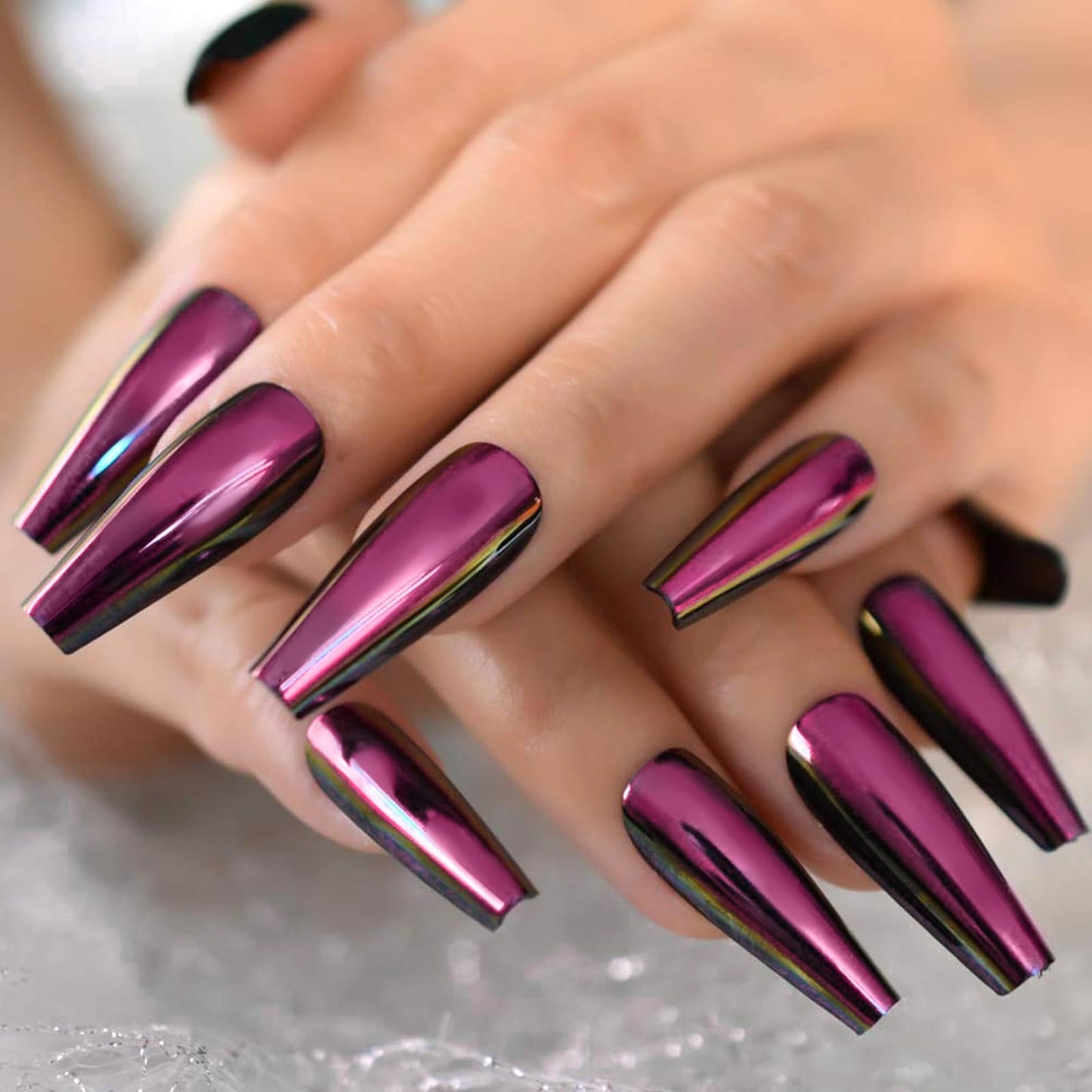 Chrome Press on Nails Long Coffin Fake Nails Deep Purple Glossy False Nails Shiny Acrylic Nail Tips Holographic Metal Glue on Nails Reusable Full Cover Acrylic Stick on Nail for Women 24Pcs