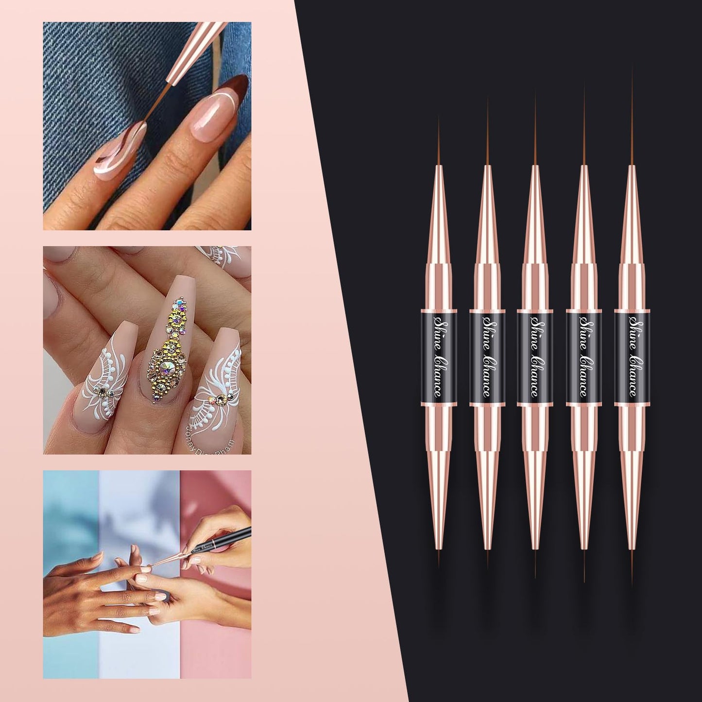 Shine Chance 9Pcs Nail Art Brushes Set, Professional Double-Ended Acrylic Liner Detail Brushes for Gel Polish Art Nail, 3D Art Nail Dotting Brush Pen for Manicure DIY Home Salon, Black
