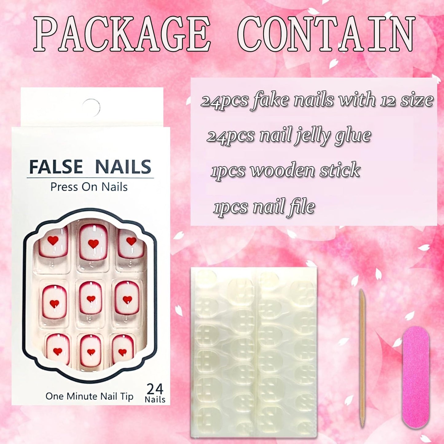 FIEONCIY Press on Nails Short Square Shaped Glossy Full Cover Acrylic Extra Short Square False Nails with Love Heart Designs Artificial Fake Nails Glue Stick ons Fingernails for Women Girls(JP3139)