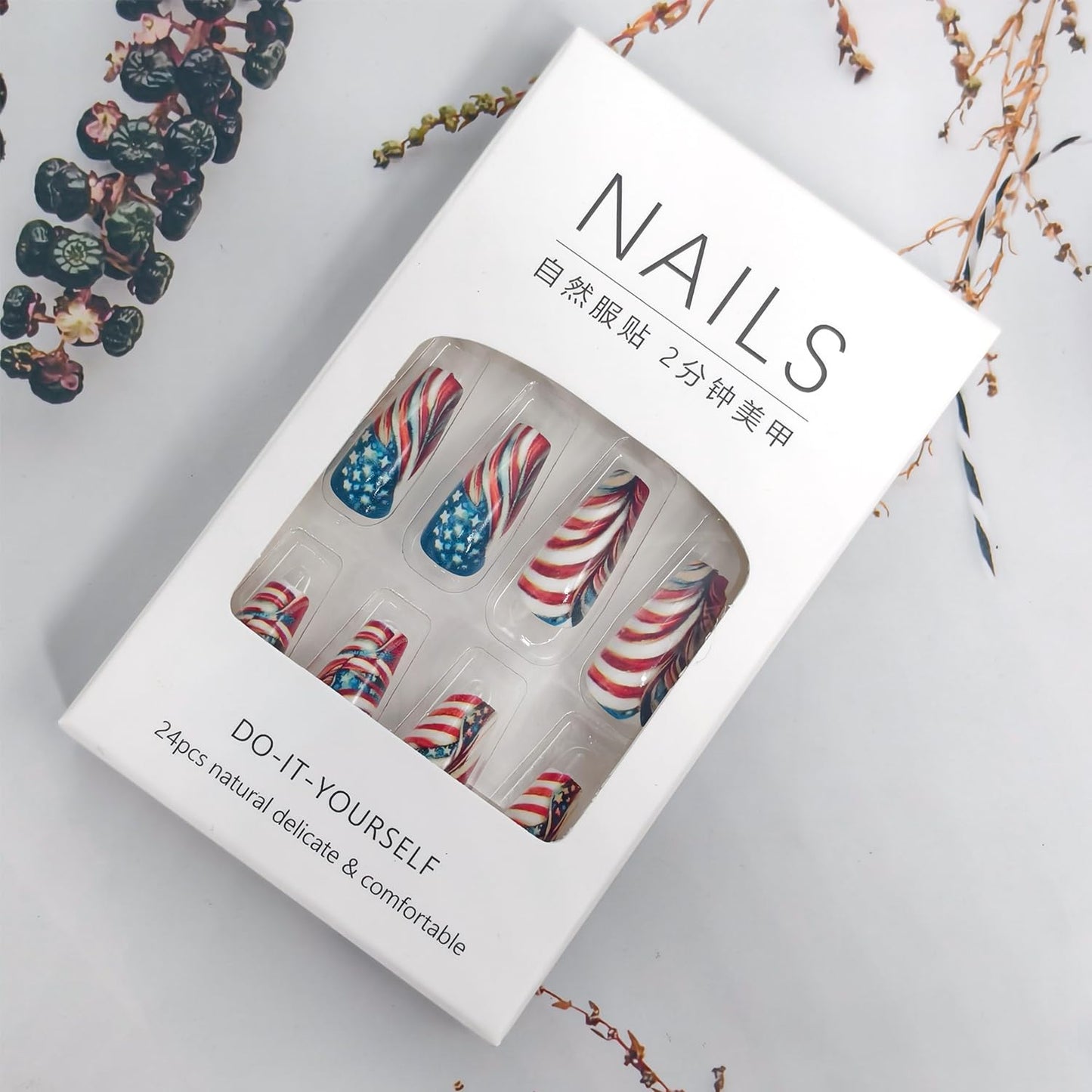 4th of July Press on Nails Medium Ballet Acrylic Nail Retro Feather with White Stars Lines Coffin Nail Independence Day Stick on Nail Reusable Glue on Artificial Fingernails for Women Holiday Manicure