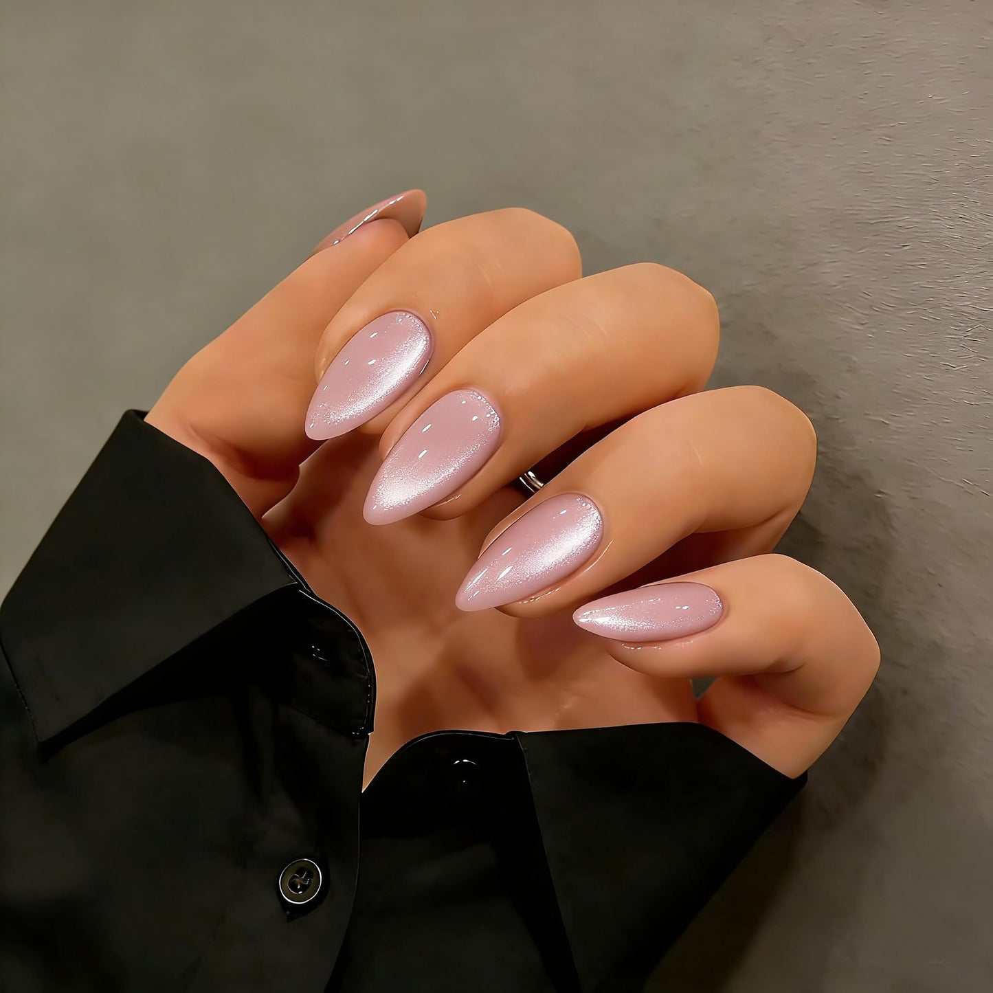 KQueenest Cat Eye Press On Nails Almond - Pastel Pale Pink Press On Nails Medium Stiletto, 30 Pcs 15 Sizes Glitter Fake Nails Press ons, Upgrade Thick Quality Bling Reflective Glue on Nail for Women