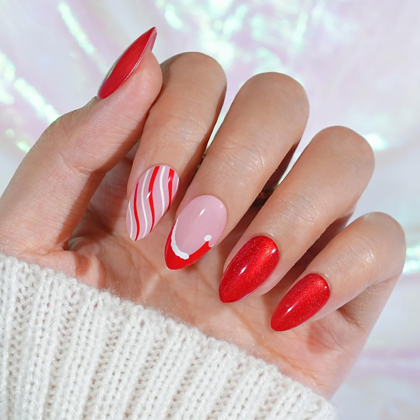 Christmas Press On Nails Almond - Jofay Fashion Red Cat Eye Press On Nails, Swirl Santa Hat Fake Nails with Glue for Women, Glossy Reusable Soft Gel Glue On Nails in 16 Sizes - 32 Stick On Nails Kit