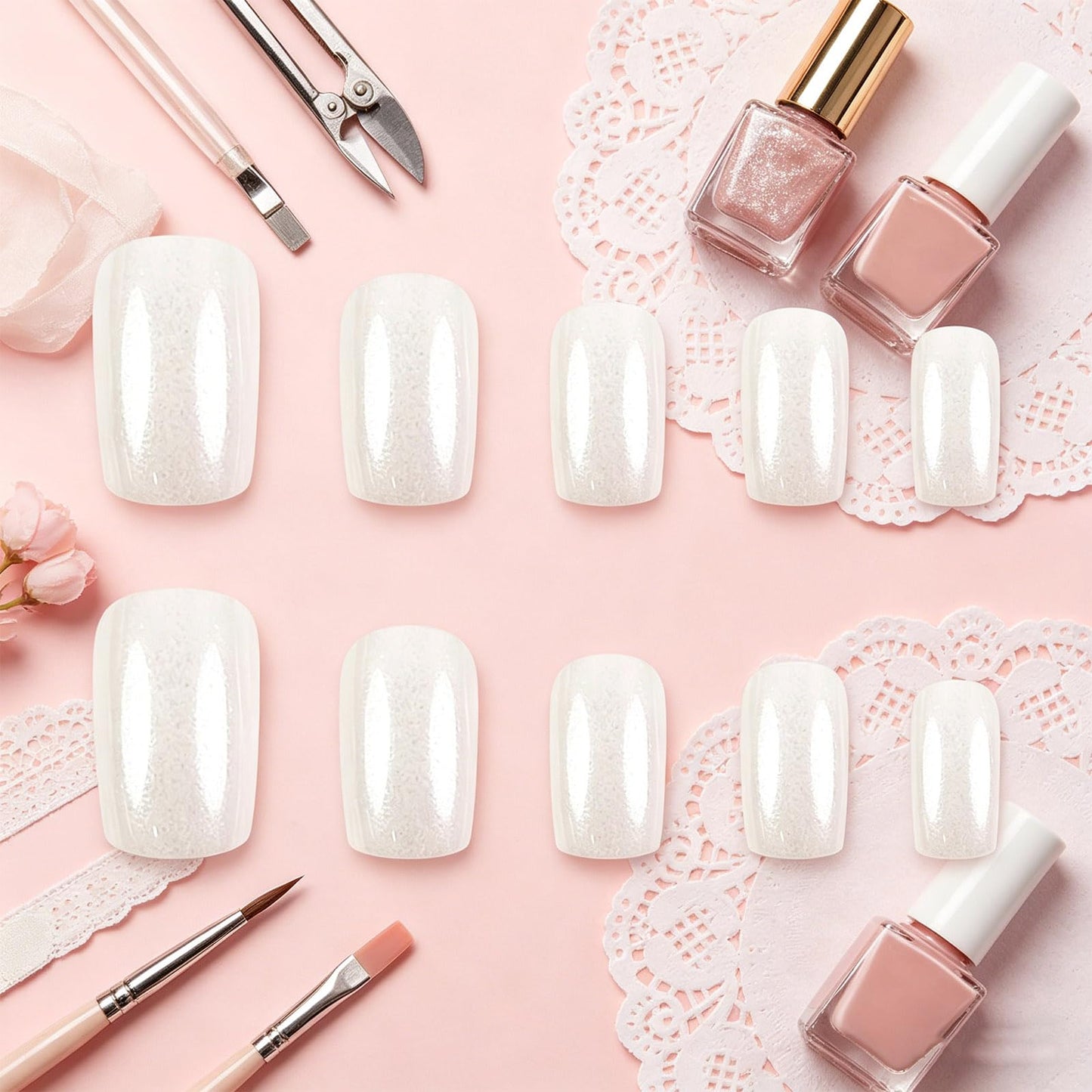 Pearl White Press on Nails, Medium Square False Nails for Bridal and Everyday, Glossy Aurora Glue on Artificial Nail, Reusable Chrome Stick on Fake Nail for Women Minimalist Daily Wear