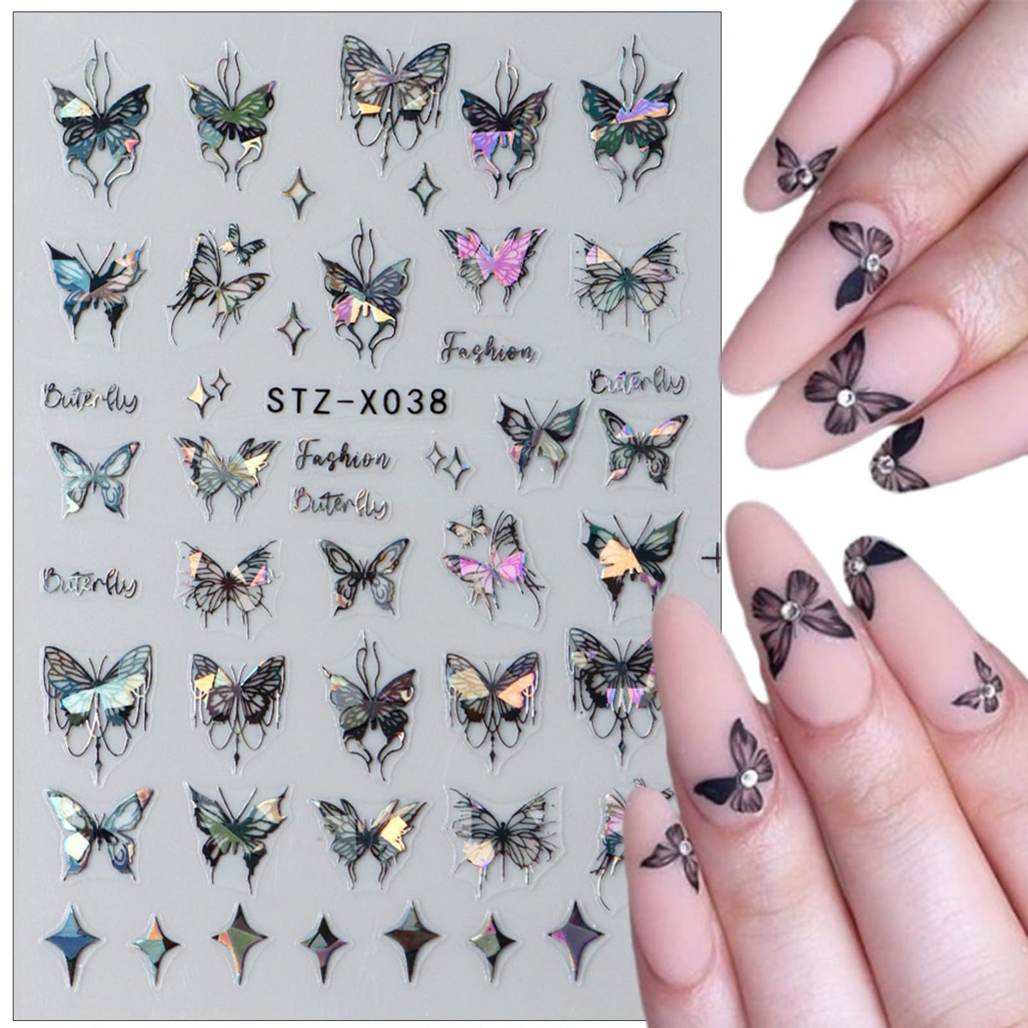 6Sheet Shiny Butterfly Nail Art Sticker,3D Holographic Black Pink Butterfly Nail Stickers Embossed Pendant Design Nail Decals Stars Heart Nail Sticker for Women DIY Nail Art Decoration