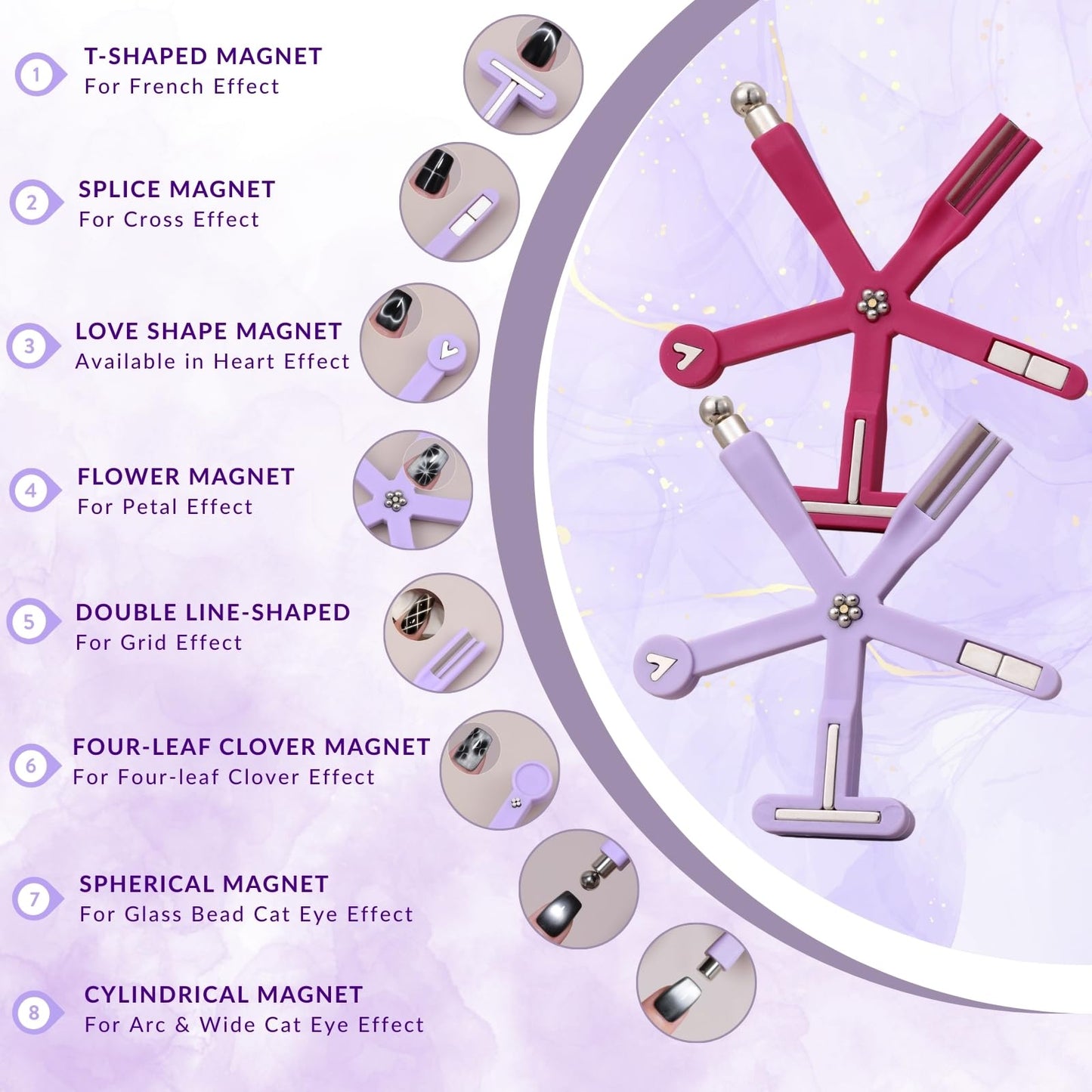 Nail Polish Magnet, 6-in-1 Cat Eye Magnet Kit for Nails, 3-in-1 Nail Polish Magnet Nail Art Tools with 5 Magic Design Plates, For Home DIY & Salon Use, Create Salon Looks Easily (Purple)