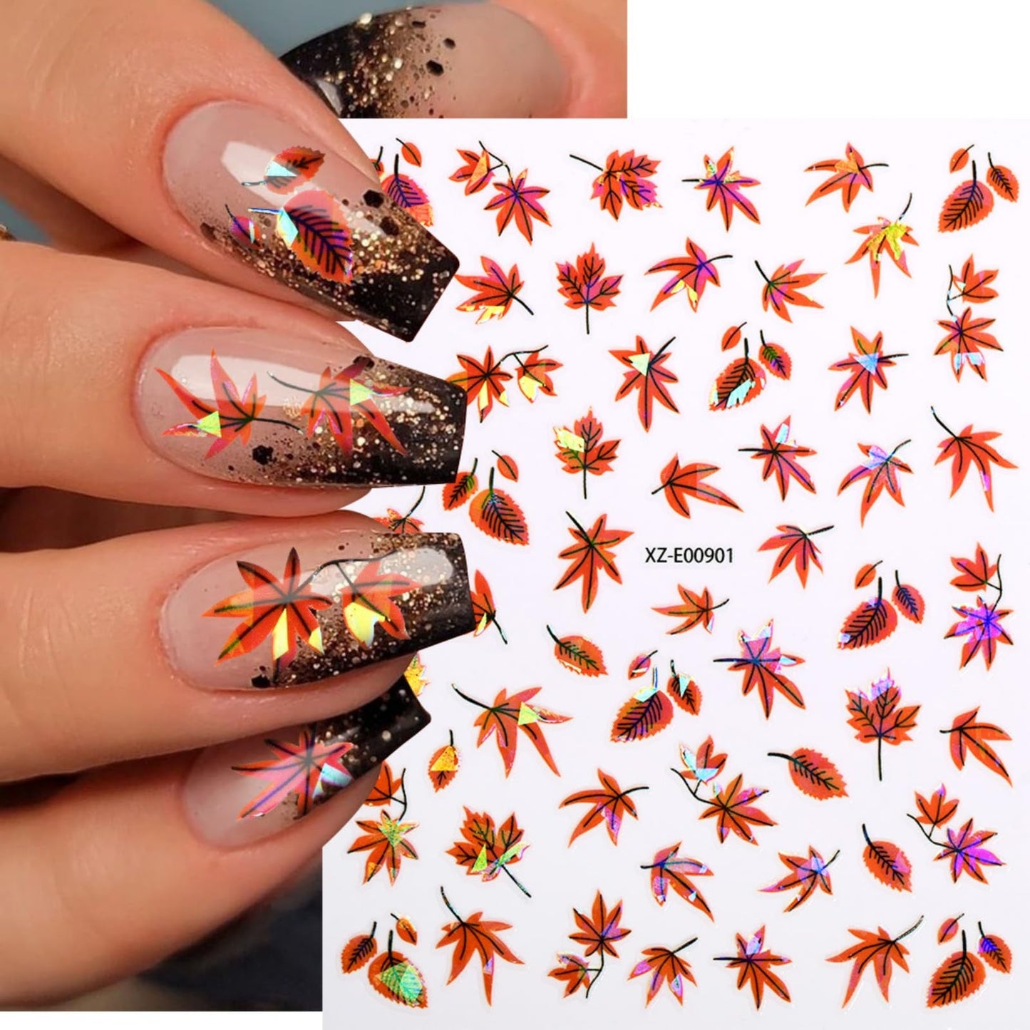12 Sheets Fall Maple Leaves Nail Stickers Jelly Golden Fallen Leaves 5D Nails Decals Self-Adhesive Thanksgiving Nail Art Supplies for Women Girls DIY Manicure Decorations