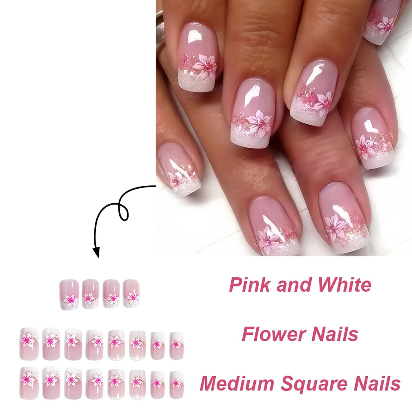 RTKHFZE French Tip Press On Nails - Acrylic Nails Press ons Medium Square fake Nails Pink Full Cover False Nails with Designs Glitter Flower Glue on Nail for Women and Girls 24Pcs