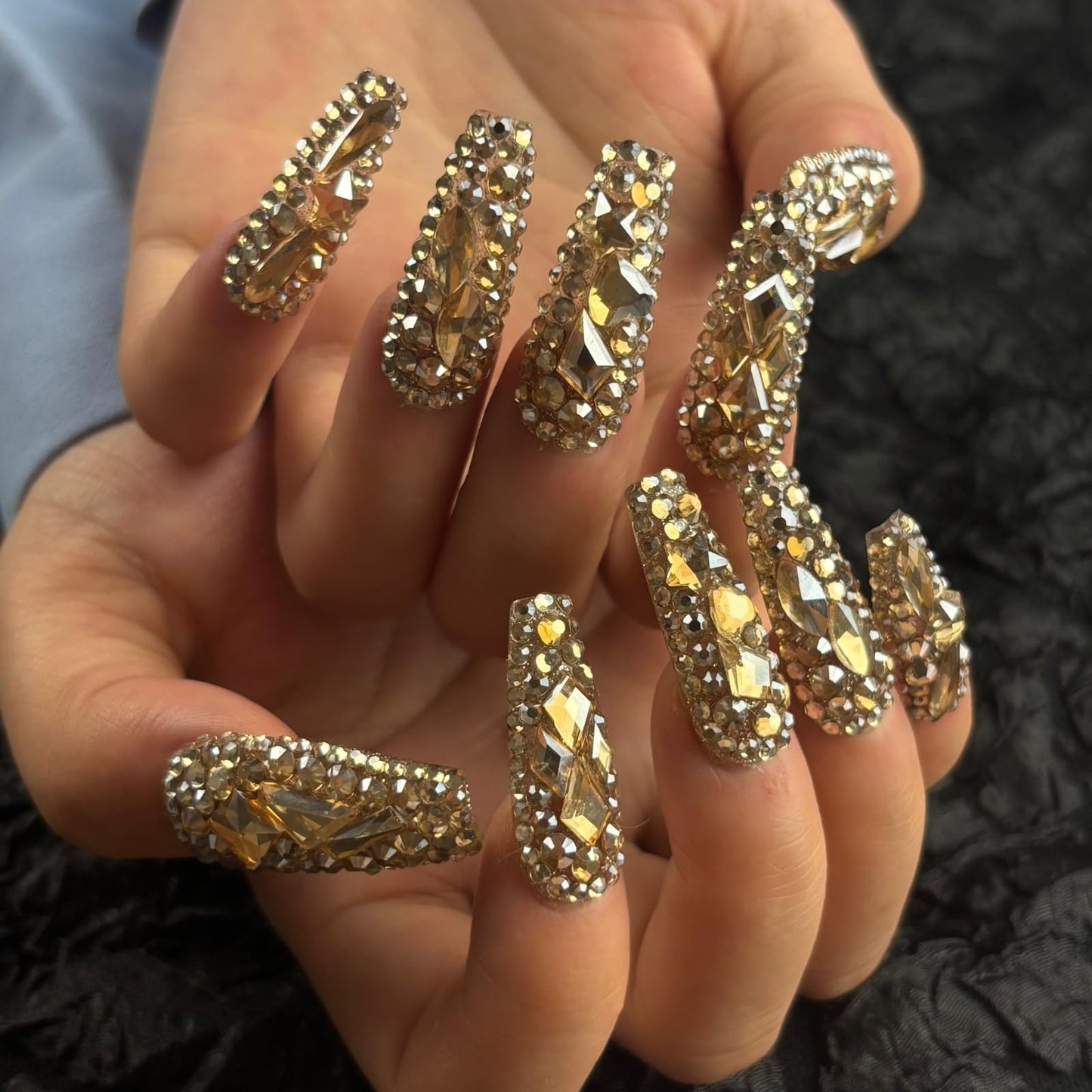 AKA Unicorn Trendy Handmade Press On Nails Long Square Shape,10Pcs Shimmery Large Acrylic Fake Nails with 3D Champagne Rhinestone Luxury Design Stick On Nail for Woman Gift