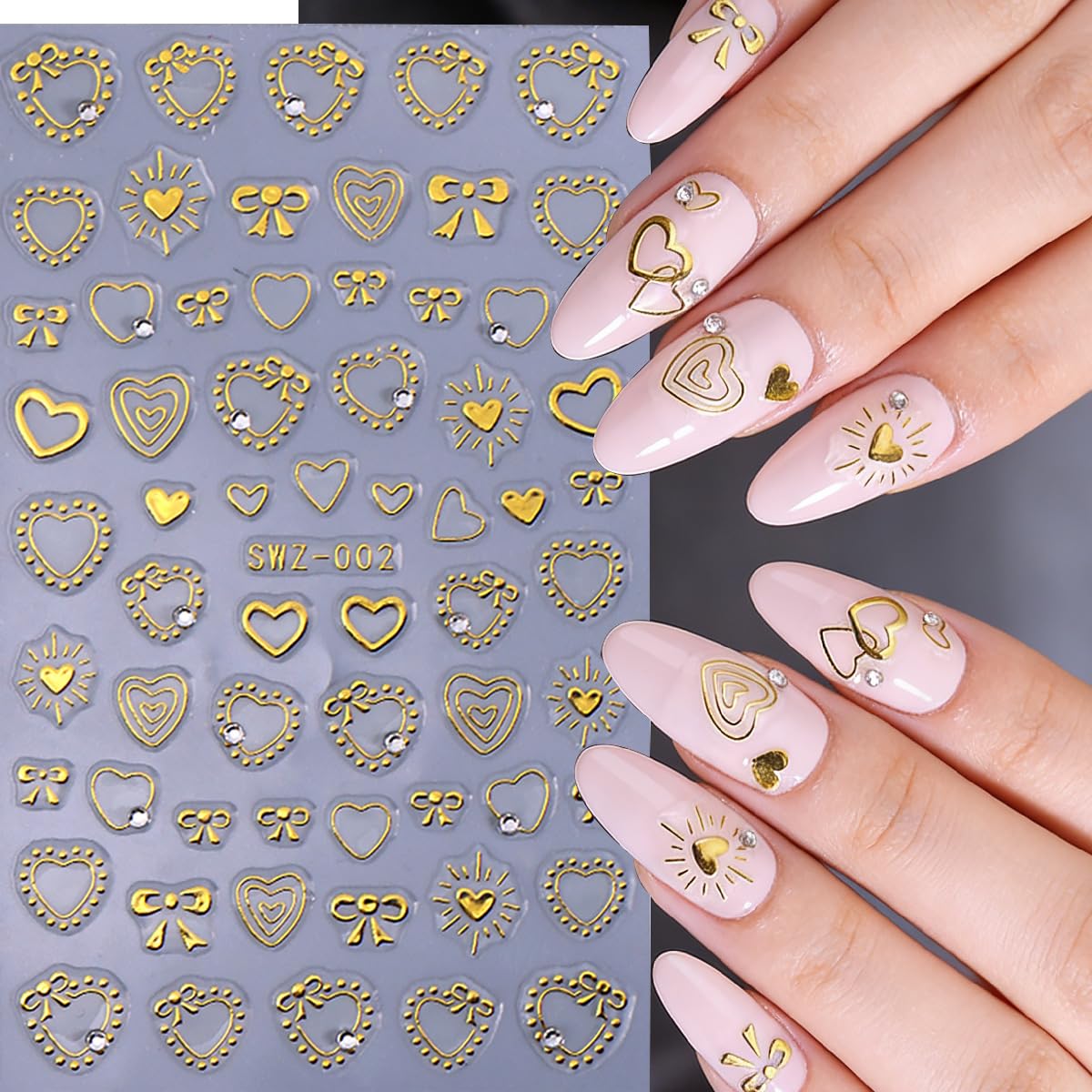 2 Sheets Heart Nail Art Stickers Gold Gliding Bow Nail Decals 3D Glitter Pearl Rhinestones Design Nail Stickers Self-Adhesive Romantic Heart Nails Art Decoration for Women DIY Acrylic Manicure