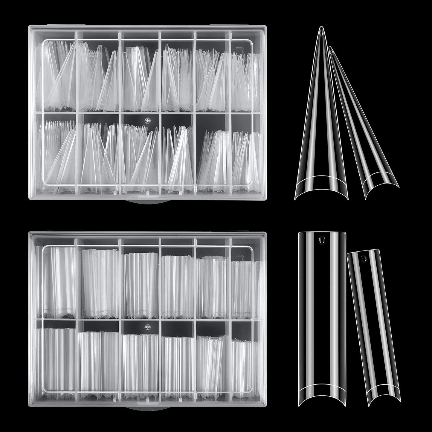XL Long Clear Nail Tips: Half Cover 240PCS No C Curve Tapered Square Straight Nail Tips with 240PCS Stiletto Nail Tips for Salon Manicurist - Nail Extension Tips for Home DIY Manicure Hobbyists