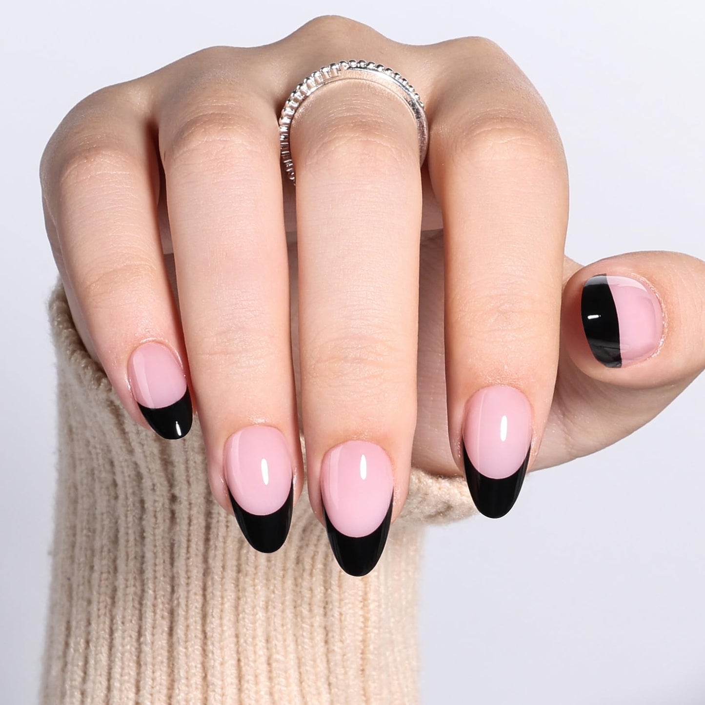 Pink Base Black French Tip Press On Nails - Short Almond Fake Nails, Reusable Glue On Nails with Nail Glue, French Tip Design for Women 32 Pieces 16 Sizes