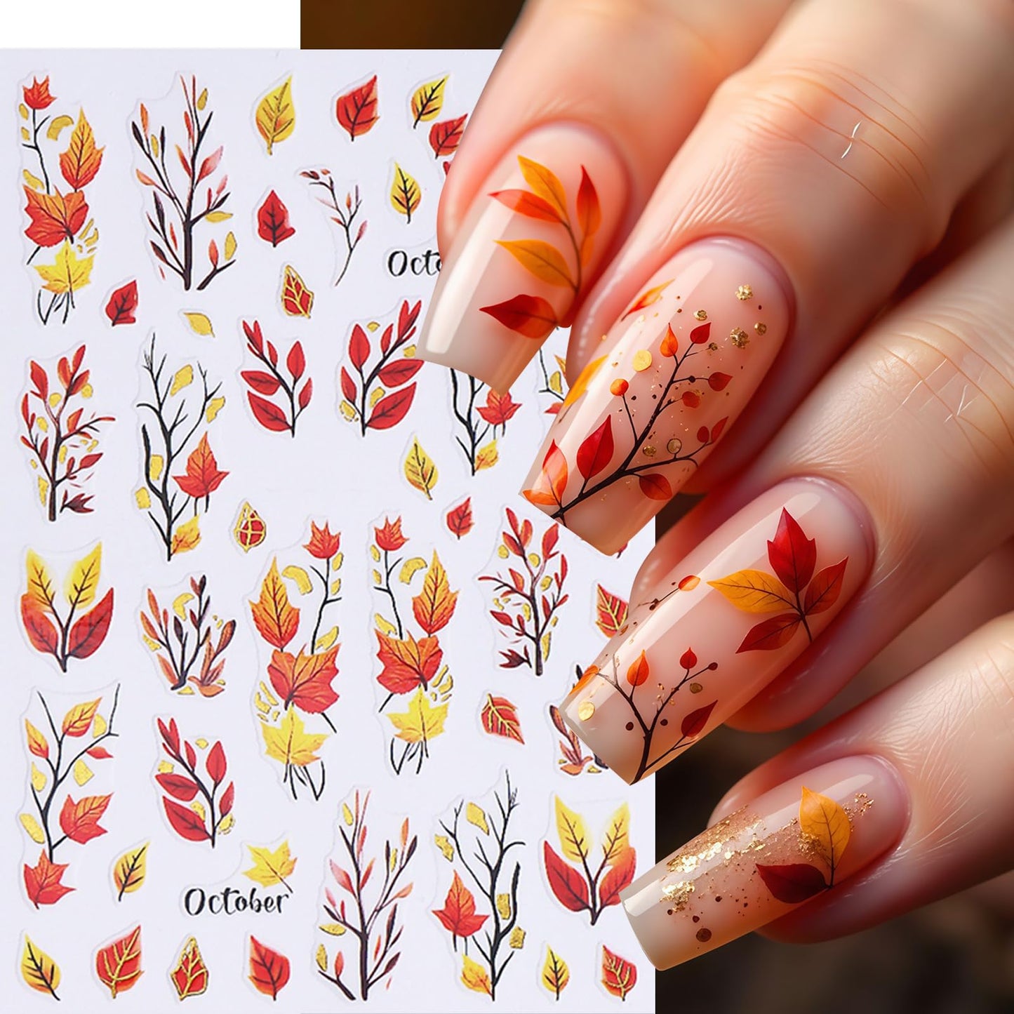 6 Sheets Fall Maple Leaf Nail Art Stickers Deals 3D Self-Adhesive Autumn Thanksgiving Pumpkin Fox Fallen Leaves Nails Designs Flower Mushroom Autumn Leaves Nail Supplies for Women Nail Decoration