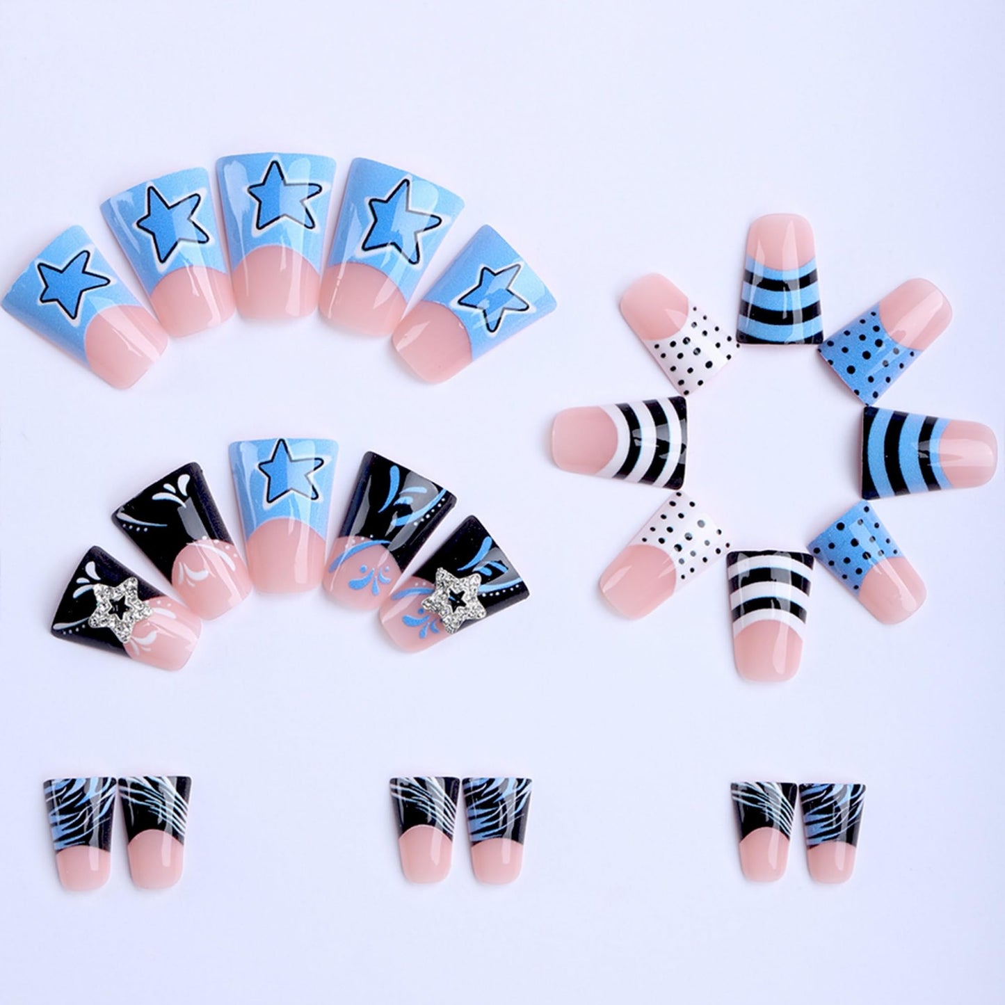 octoswave Press on Nails Duck Shape Blue Star Design Medium Flare Fake Nails for Women Party Y2K Style 24Pcs