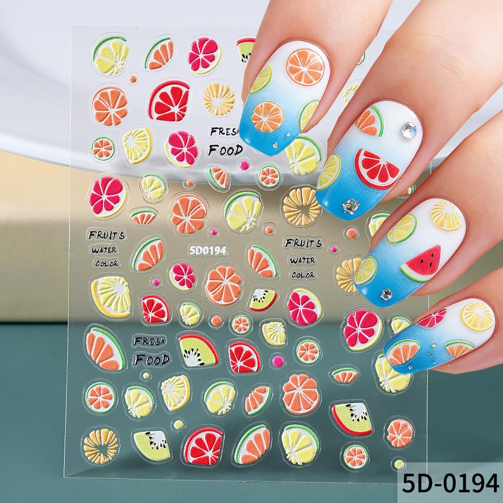 6 Sheets Fruits Nail Stickers for Nail Art Summer, 3D Self-Adhesive Nail Decals with Strawberry Cherry Pattern, Nail Supplies Nail Art Design Accessories for Women and Girls Manicure DIY Decoration