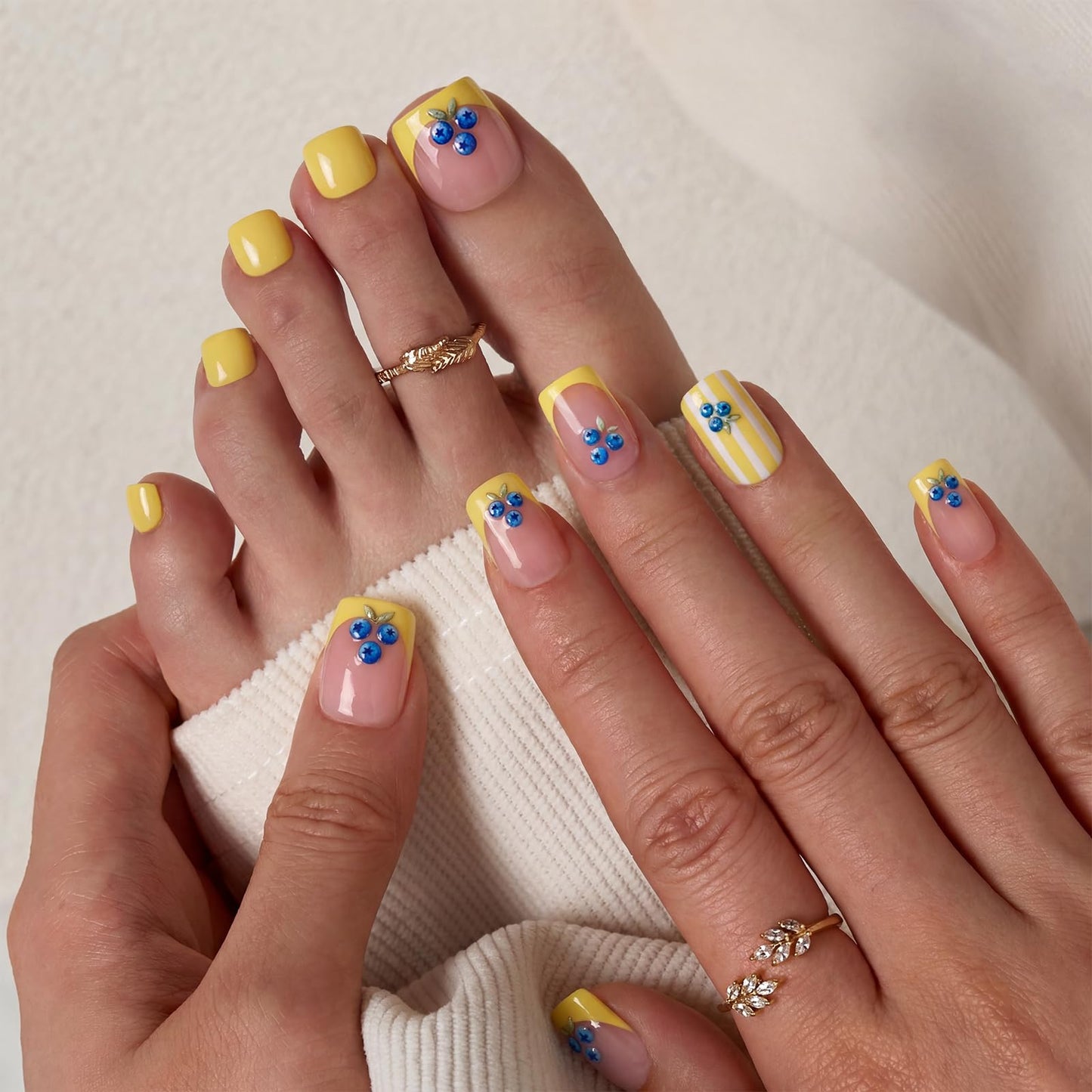 BTArtbox French Tip Press On Nails - Blueberry Rain, Easy-to-Apply Yellow Short Square Press On Nails with Glue and Adhesive Tabs in 16 Sizes - 32 Nails All-in-One Kit