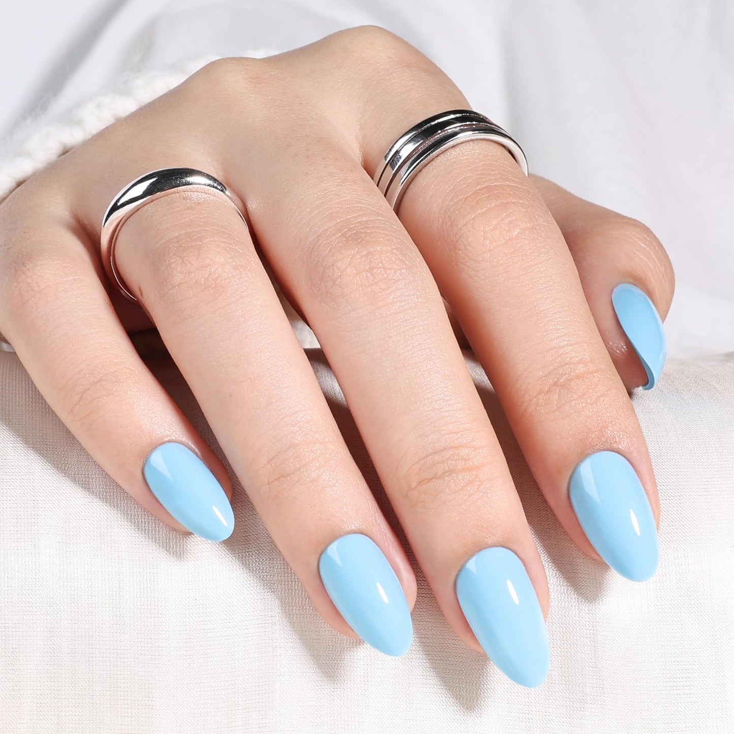 Blue Press On Nails - Short Almond Press On Nails, Light Blue Reusable Fake Nails with Nail Glue for Women, 32 Pieces, 16 Sizes