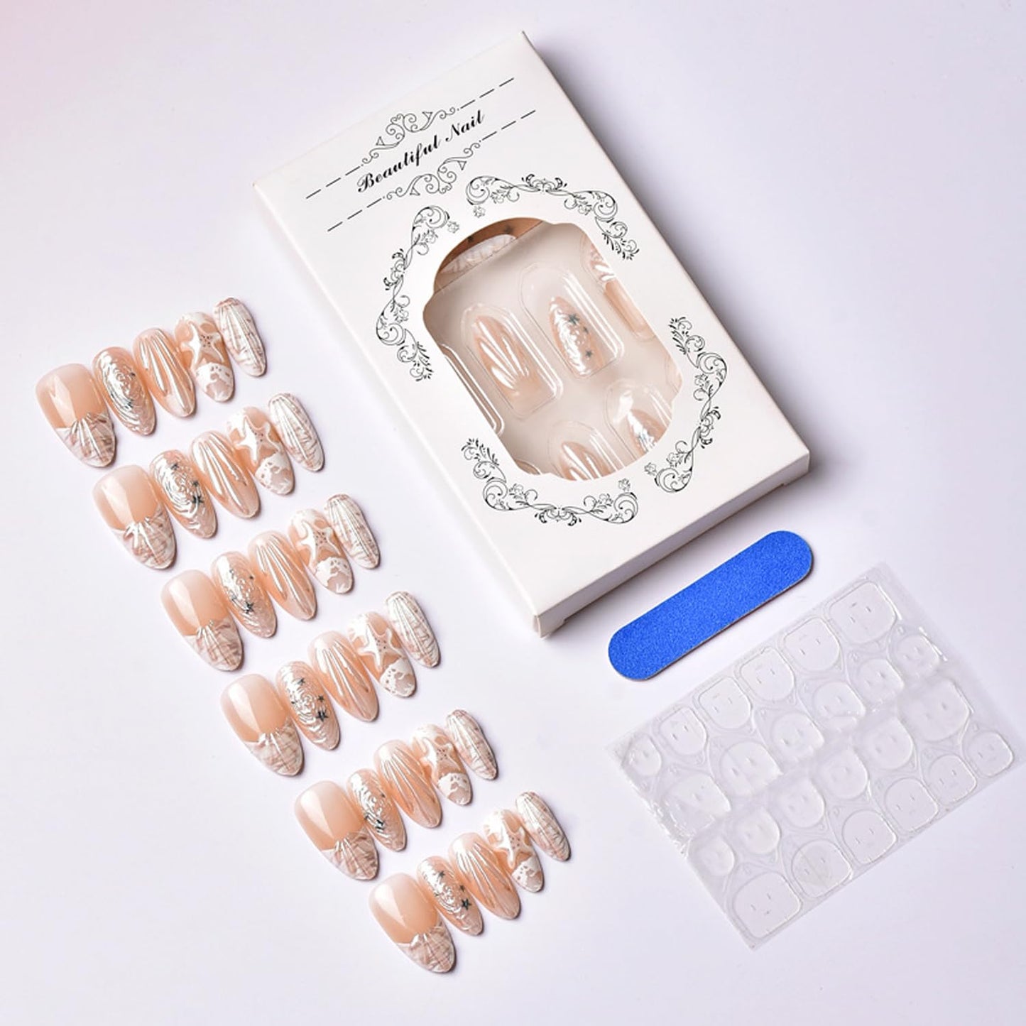 Summer Beach Press on Nails Kit Medium Almond Nail French Tip Fake Nails with 3D Pearl Seashell Design Stick on Nails Cute Starfish False Nail Ocean Acrylic Nails Water Ripples Nails for Women 30Pcs