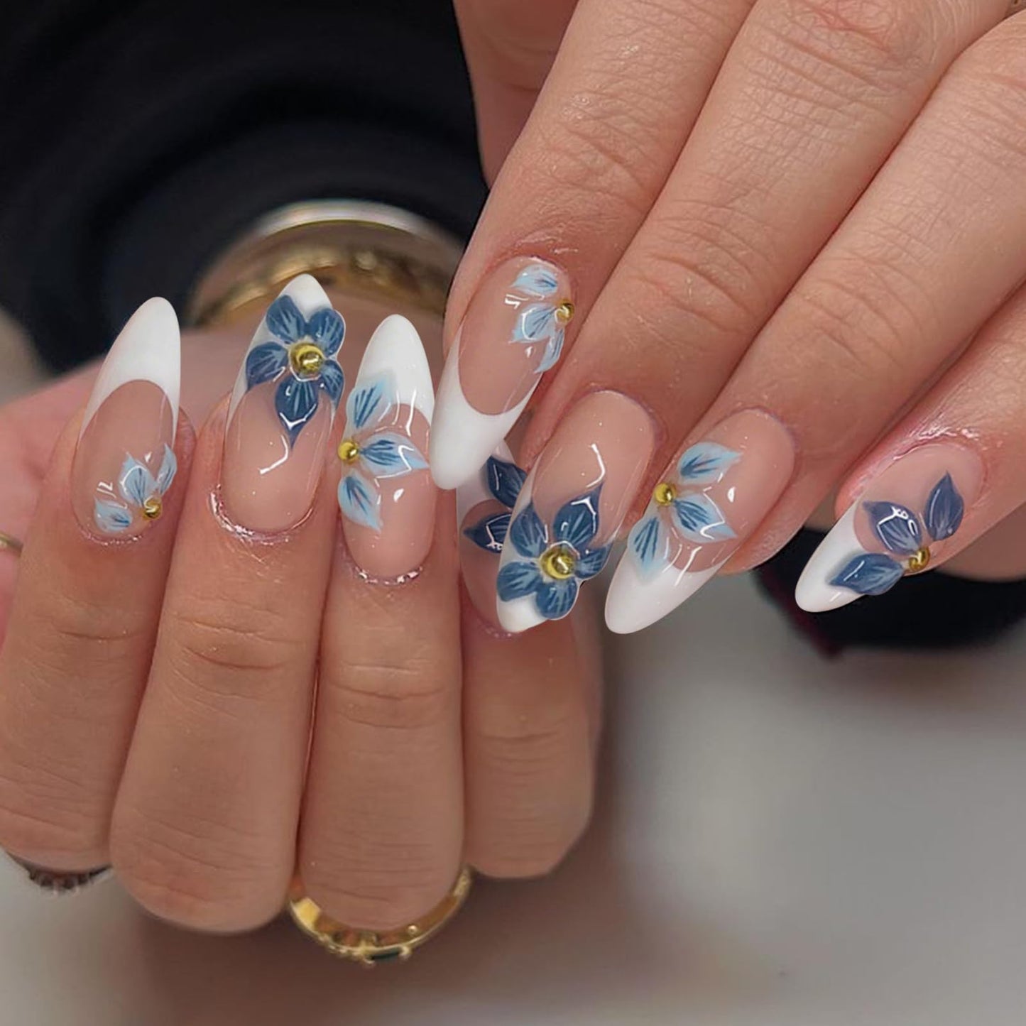 VOTACOS Almond French Tip Press on Nails Medium Blue Nude Acrylic Fake Nails Press Ons with Designs 3D Bead Flower Glue on Nail for Women 24PCS Glossy Floral Reusable Artificial Stick on False Nail