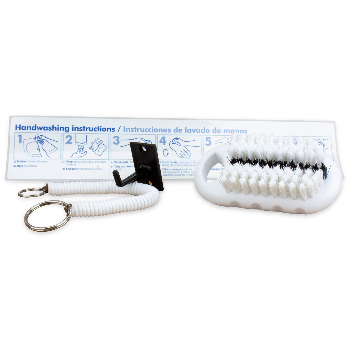 SPARTA 5" Nail Scrub Brush Kit with Firm Polyester Bristles, Polypropylene Handle, Hook and Cord, Bilingual Handwashing Decal, Commercial Use, Plastic, 5 x 2.24 Inches, White (Pack of 6)