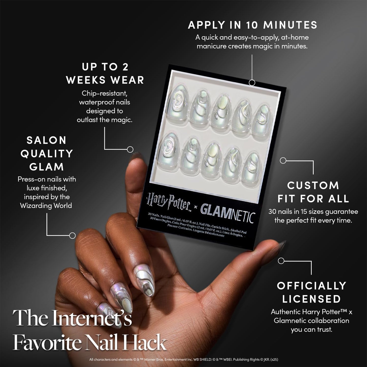 Harry Potter™ x Glamnetic Press-On Nails Bundle - Unicorn Blood & Caviar | Short Almond Fake Nails with Silver Chrome & 3D Swirl Design, Officially Licensed | Short Almond Black French Tip False Nails