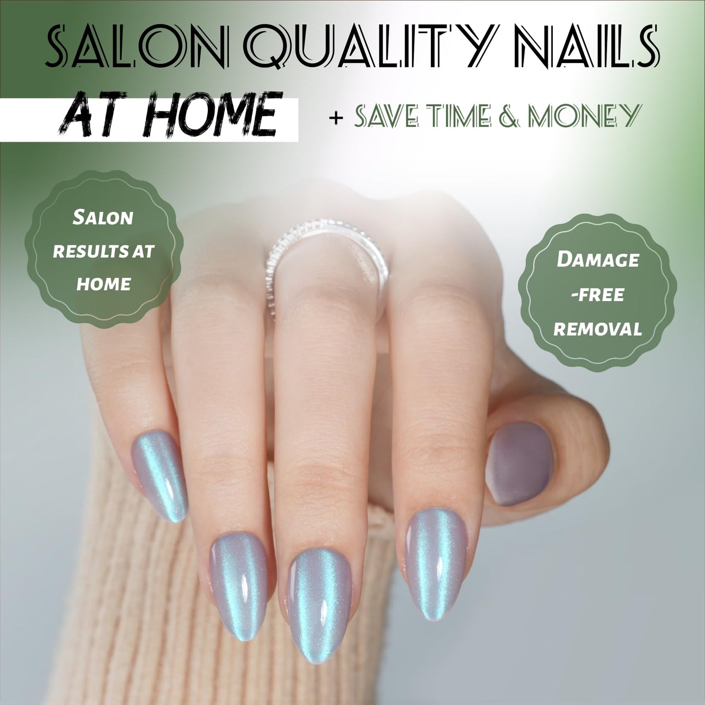 Cat Eye Press On Nails Almond - Short Almond Fake Nails with Nail Glue, Steel Blue Cateye Press On Nails Reusable Stick On Nails in 16 Sizes 32 Nail Kit for Women & Girls | Salon Quality