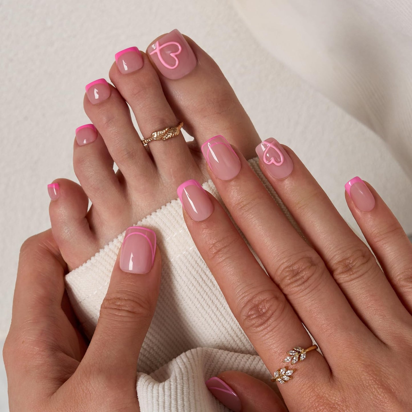 BTArtbox French Tip Press On Nails - A Little Romance, Lamp-Curable 4-Week Wear Hot Pink Short Square Press On Nails with Glue and Adhesive Tabs, Easy-to-Apply in 16 Sizes - 32 Nails All-in-One Kit