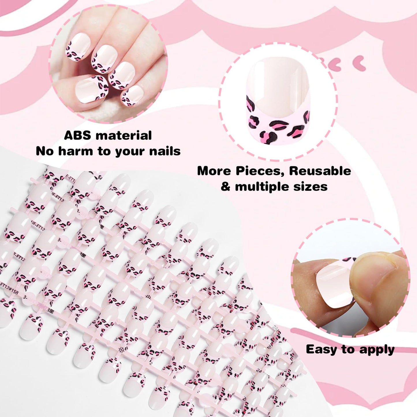 SIUSIO 120pcs 5 Pack Children Acrylic Fake Nails Press on Full Cover Short False Nail Art Kits Set Surprise Gift for Kids Little Girls Women - Pink Leopard