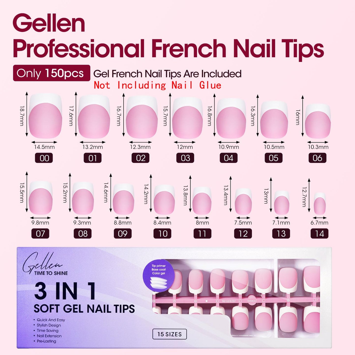 Gellen French Tip Press on Nails - 150 pcs Pink Square Short Press on Nails Soft Gel Nail Tips, 3 in 1 Pre-french French Tips 15 Sizes Fake Nails, No Need to File Full Cover Tips, No Nail Glue